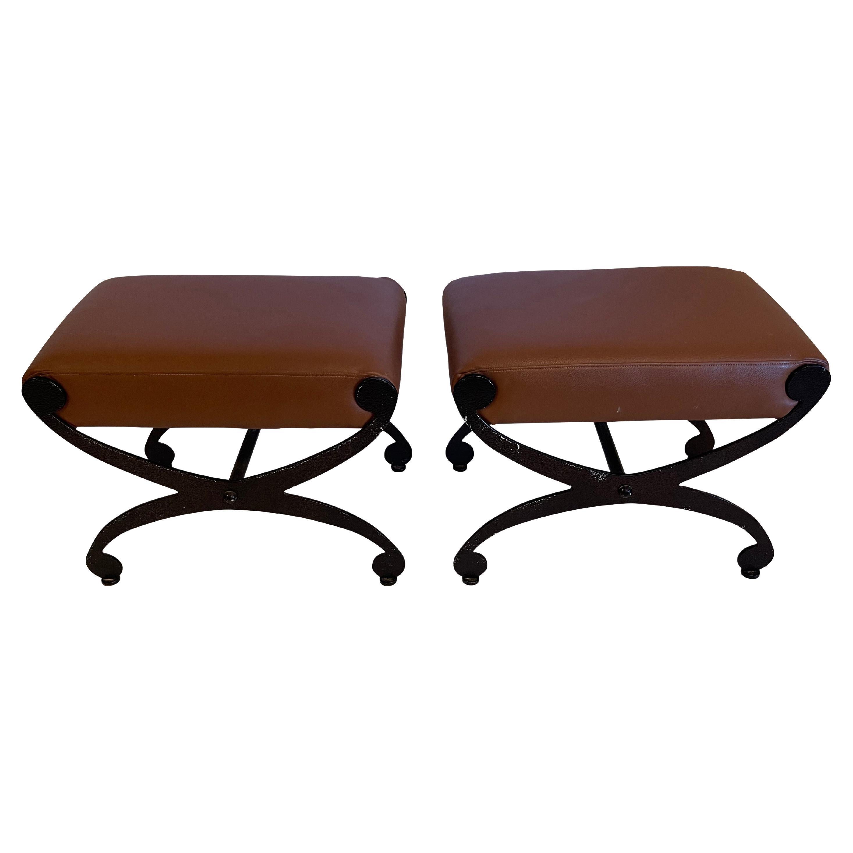 Pair of Stylish Black Iron and Tan Leather Benches
