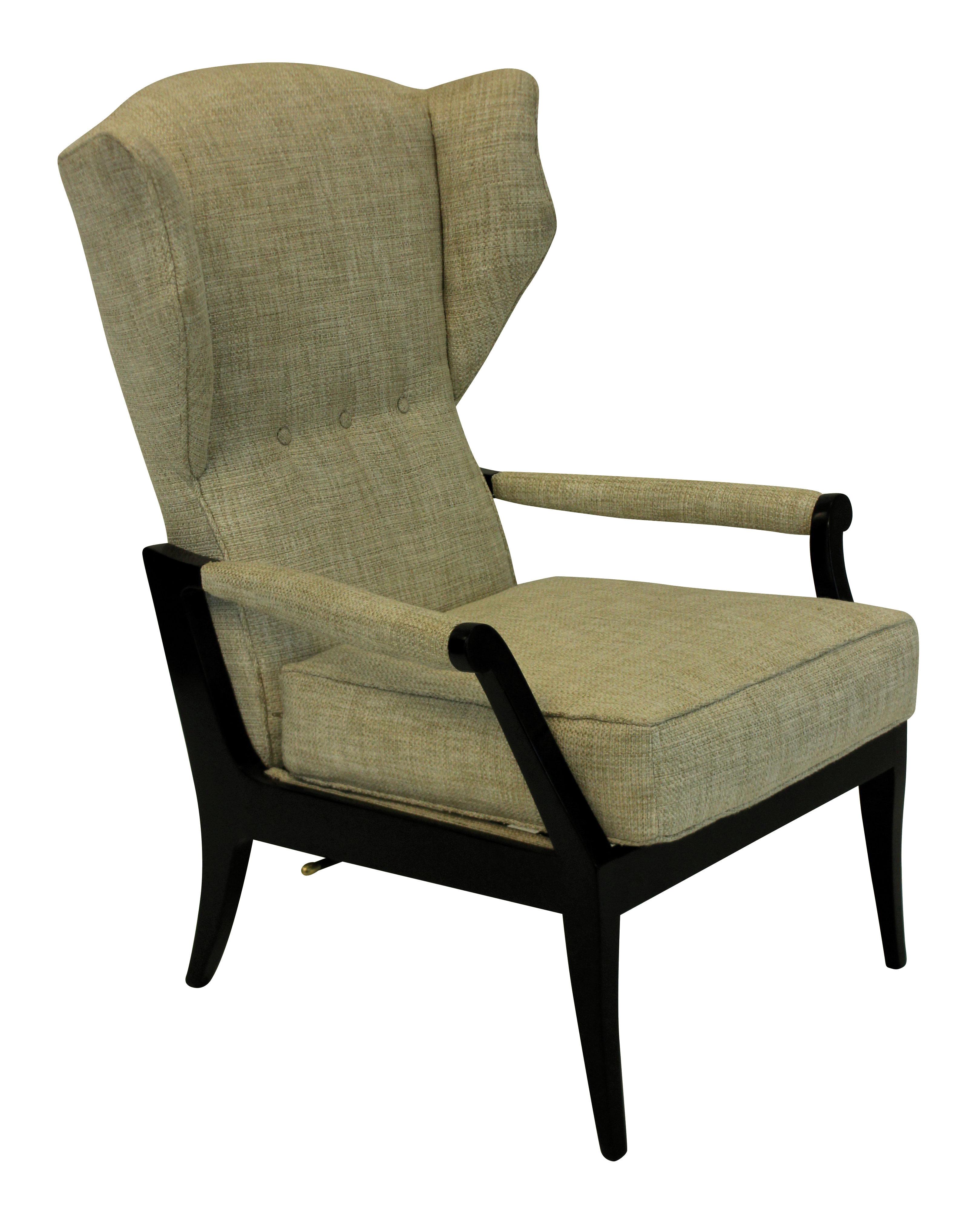 A pair of Italian reclining armchairs of stylish design. In ebonized wood and upholstered in oatmeal twill.

  