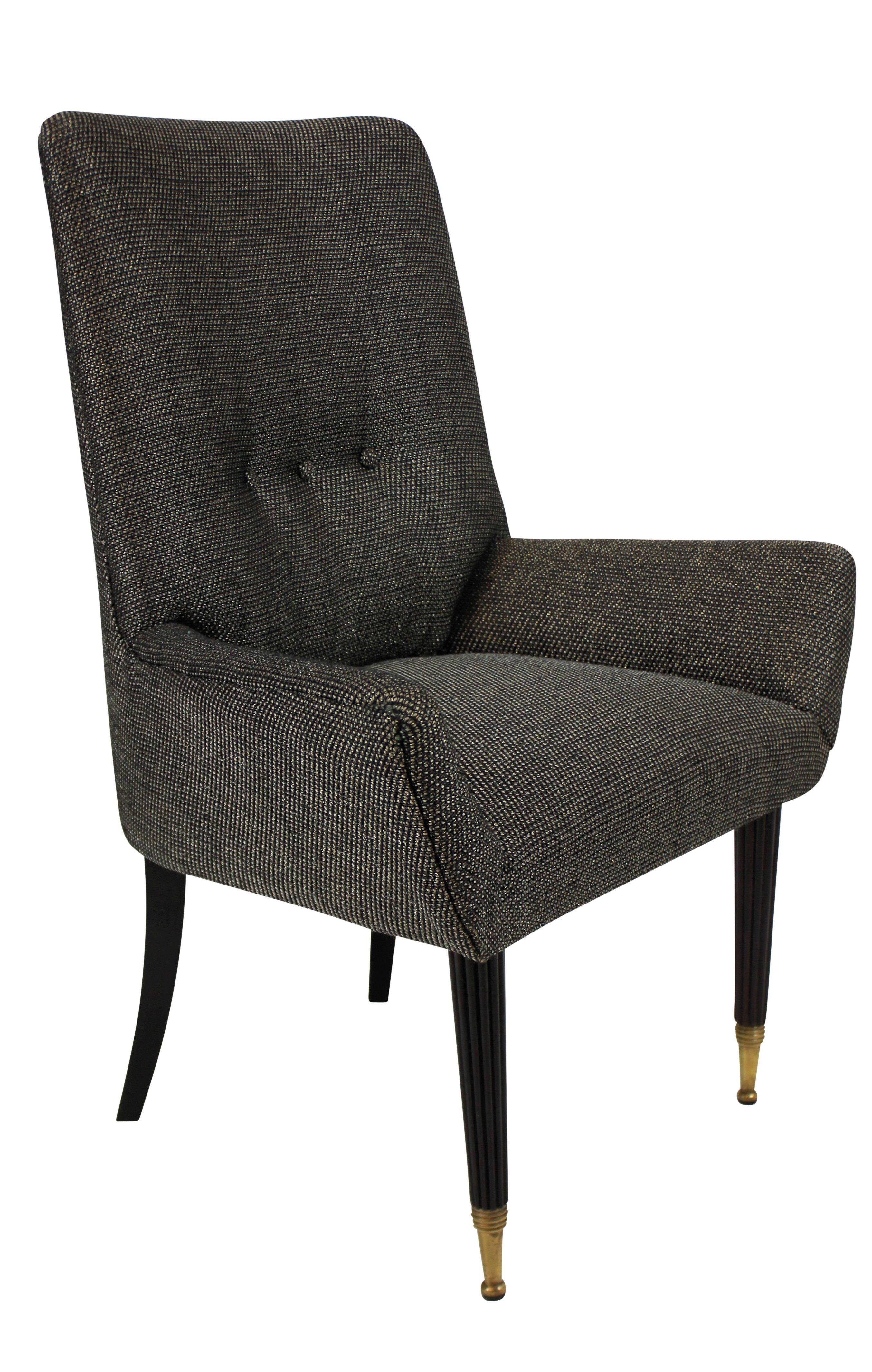A pair of stylish Italian bedroom chairs on tapering fluted legs with brass sabot. Newly upholstered in a Dedar fabric.
  