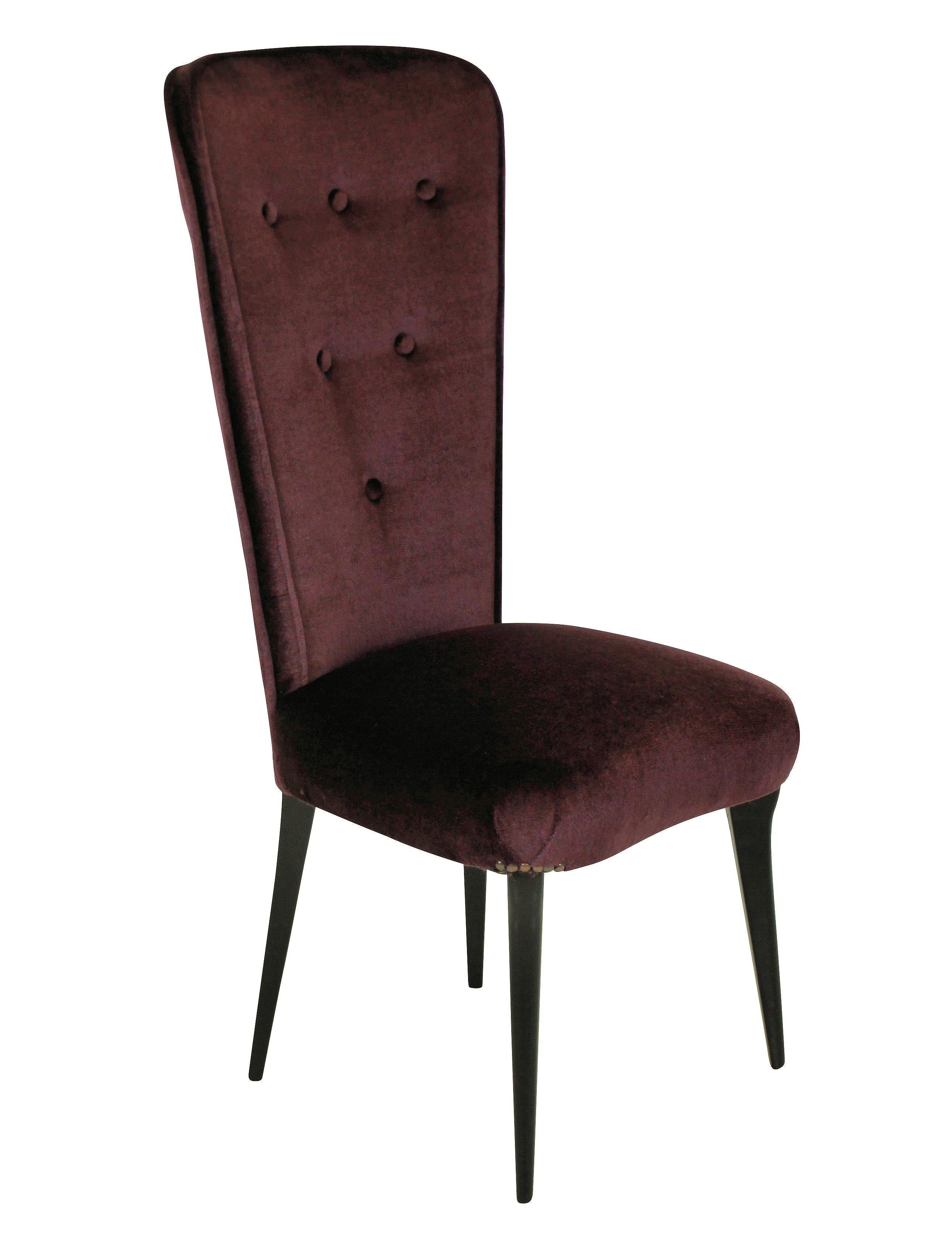 A pair of stylish Italian bedroom chairs with high buttoned backs and ebonized legs. Newly upholstered in aubergine mohair velvet.