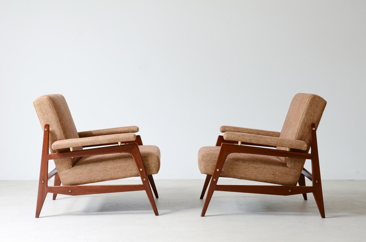 Mid-Century Modern Pair of stylish modernist armchairs in wood and upholstery 