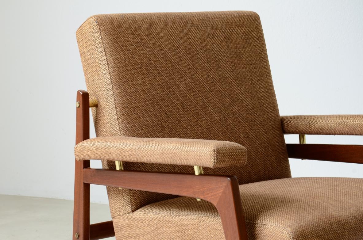 Italian Pair of stylish modernist armchairs in wood and upholstery 