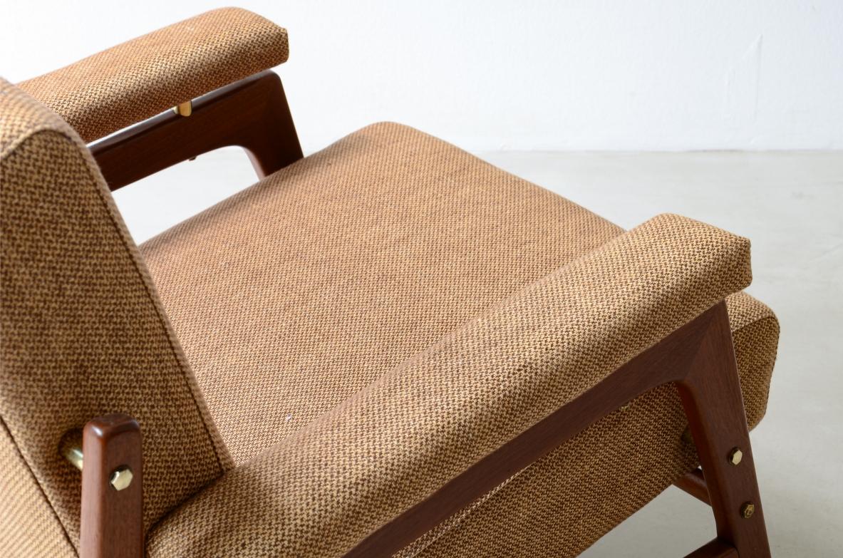 Fabric Pair of stylish modernist armchairs in wood and upholstery 