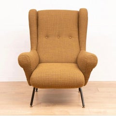 Pair of Stylish Sculptural 1950s Italian Armchairs in Gold Fabric, in Stock