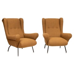Pair of Stylish Sculptural 1950s Italian Armchairs in Gold Fabric, in Stock