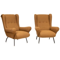 Pair of Stylish Sculptural 1950s Italian Armchairs in Harvest Gold Fabric