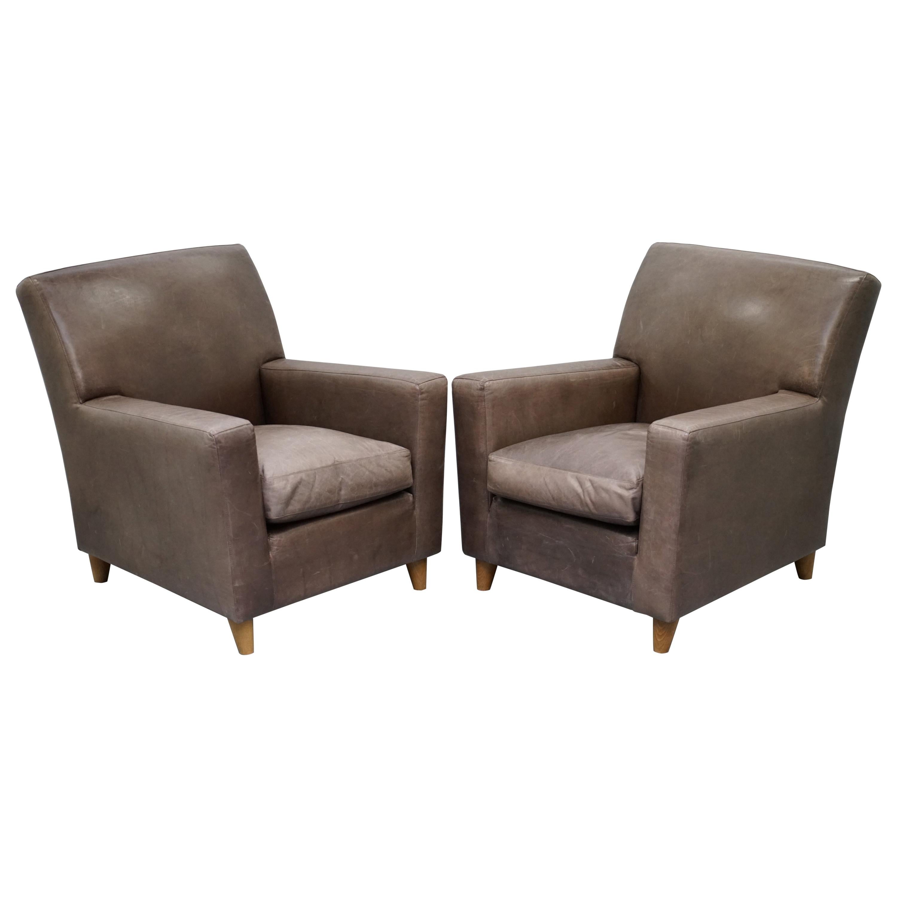 Pair of Stylish Terence Conran Italian Grey Heritage Leather Armchairs