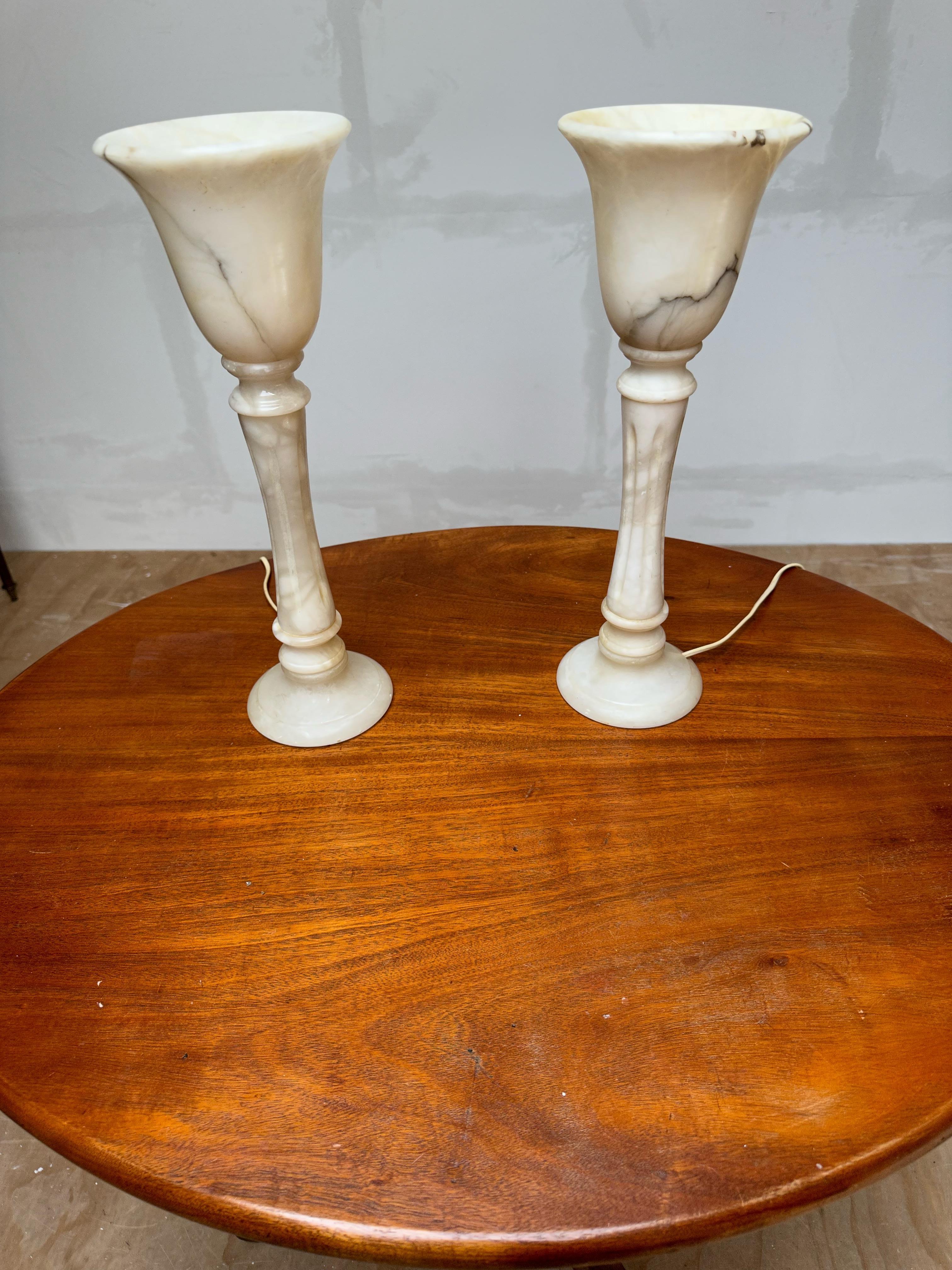 Pair of Stylishly Elongated and Midcentury Made Alabaster Table or Desk Lamps For Sale 9