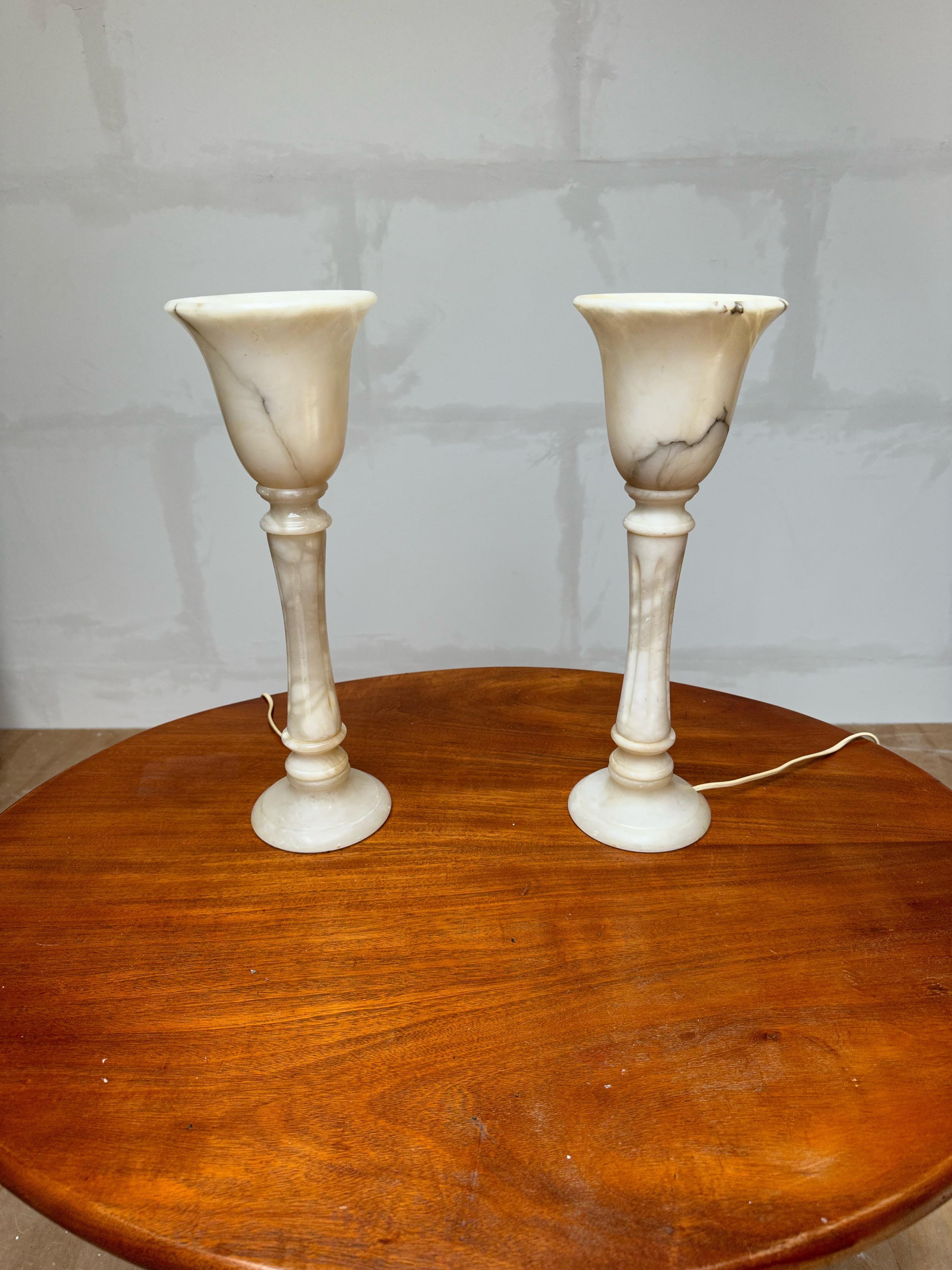 Pair of Stylishly Elongated and Midcentury Made Alabaster Table or Desk Lamps For Sale 11