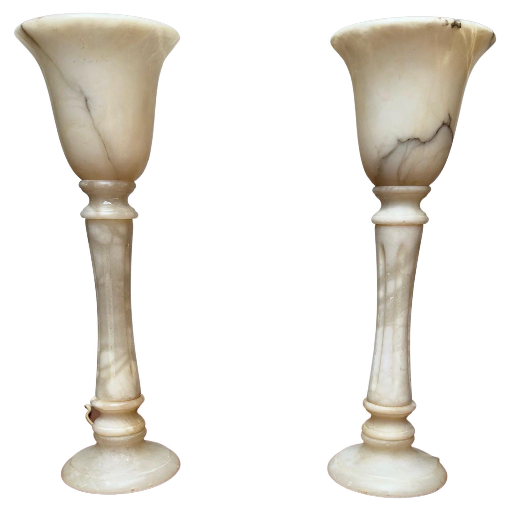 Pair of Stylishly Elongated and Midcentury Made Alabaster Table or Desk Lamps For Sale