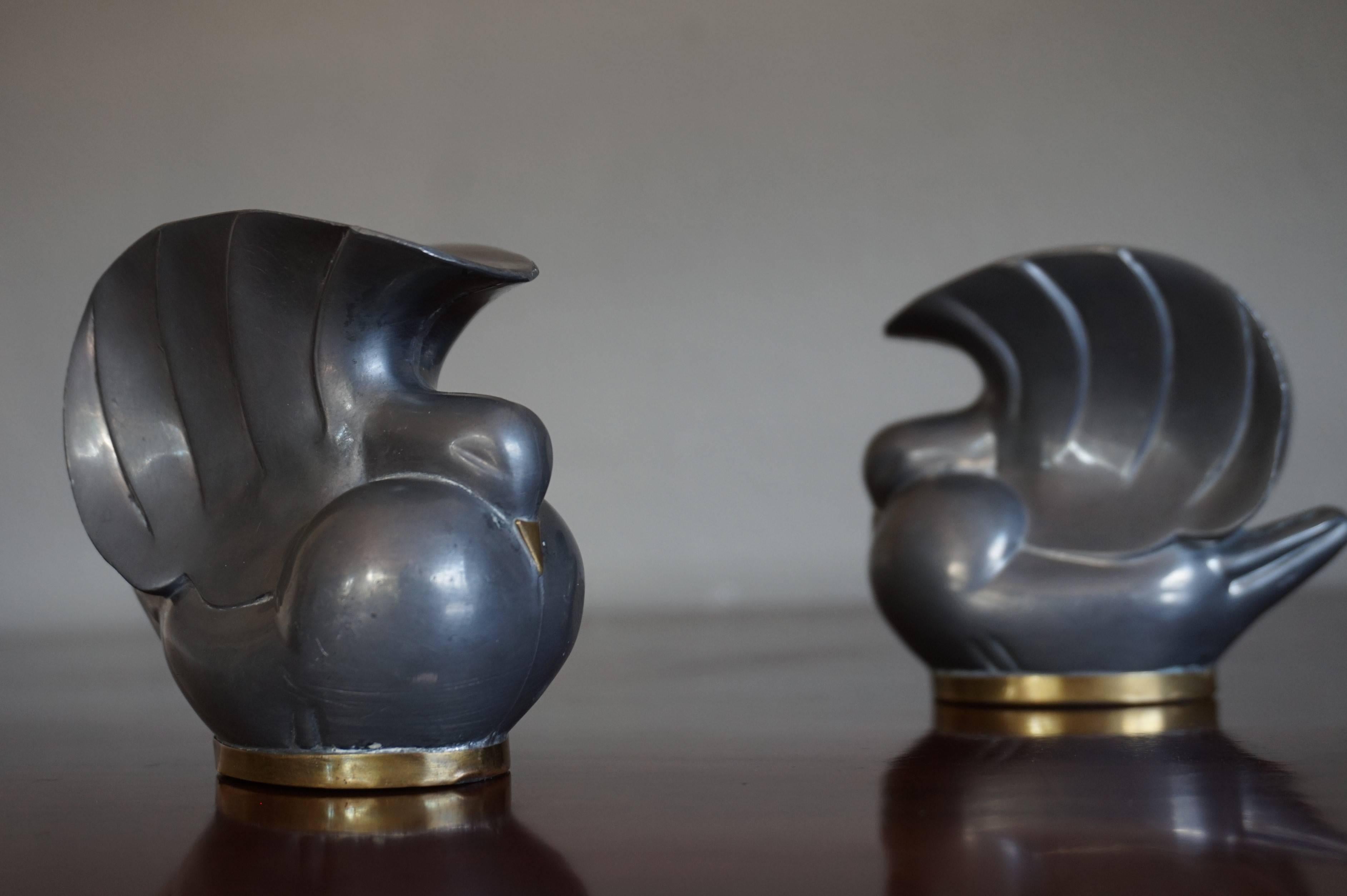 Pair of Stylized 1920s Art Deco Pigeon / Doves Candleholders of Pewter and Brass 2