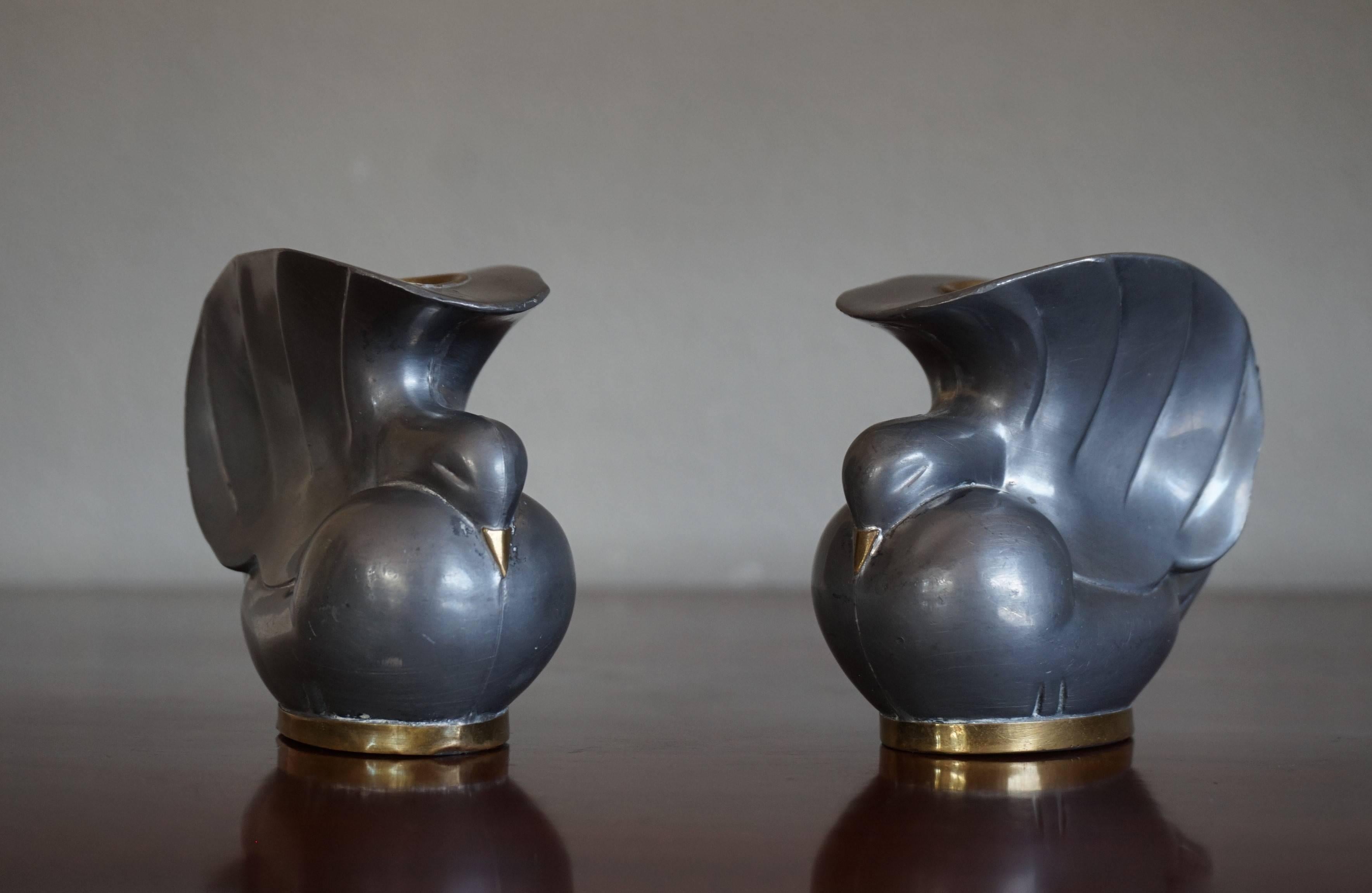 Pair of Stylized 1920s Art Deco Pigeon / Doves Candleholders of Pewter and Brass 3