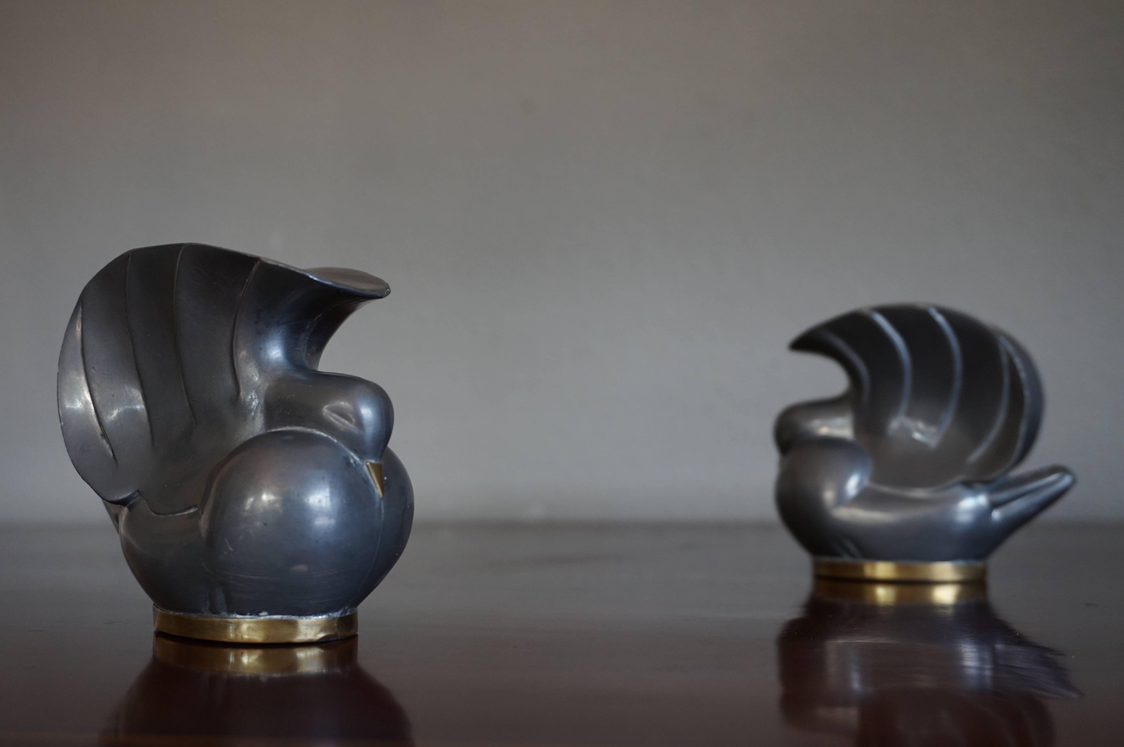 Pair of Stylized 1920s Art Deco Pigeon / Doves Candleholders of Pewter and Brass 4