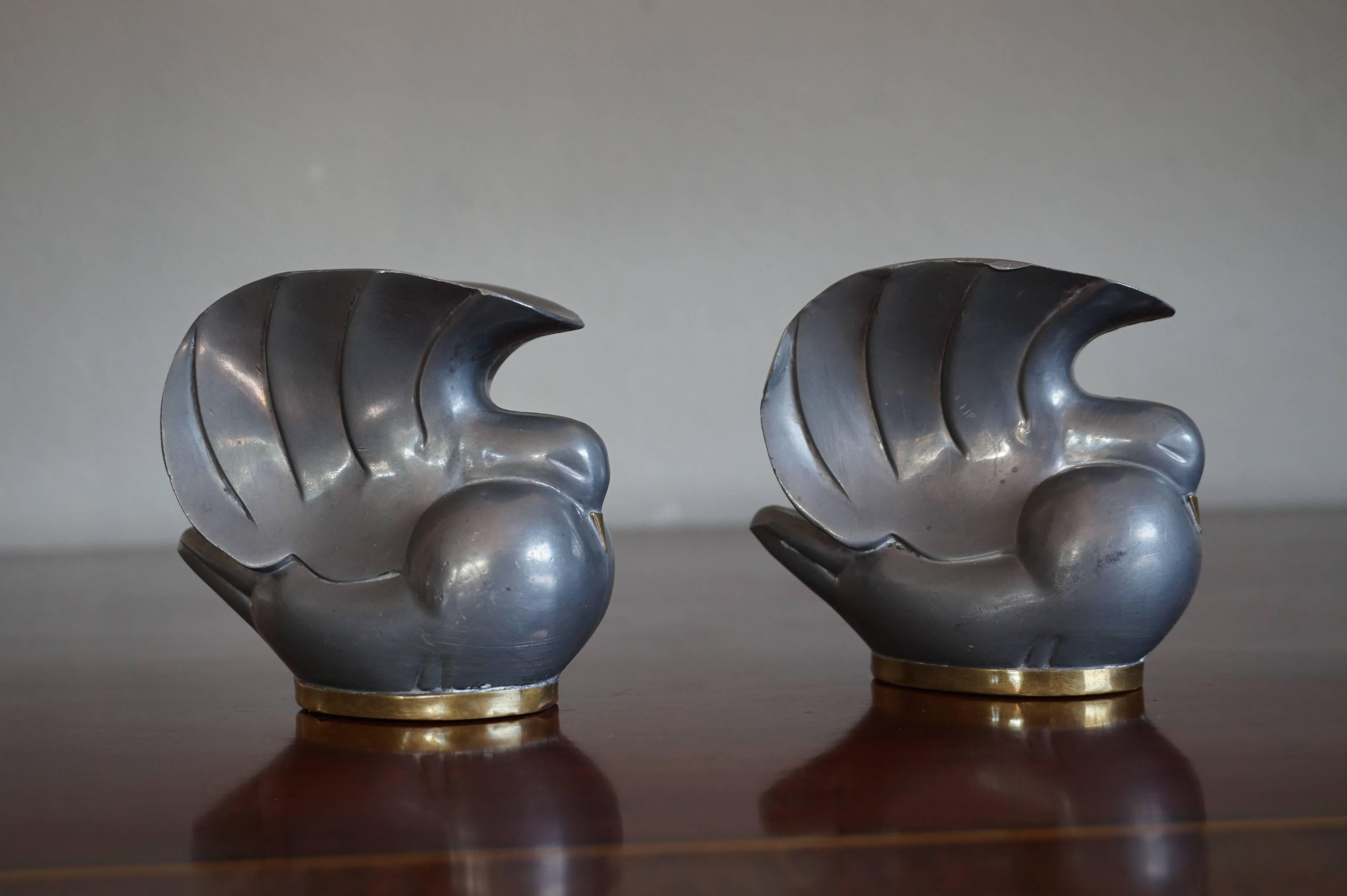 Pair of Stylized 1920s Art Deco Pigeon / Doves Candleholders of Pewter and Brass 6