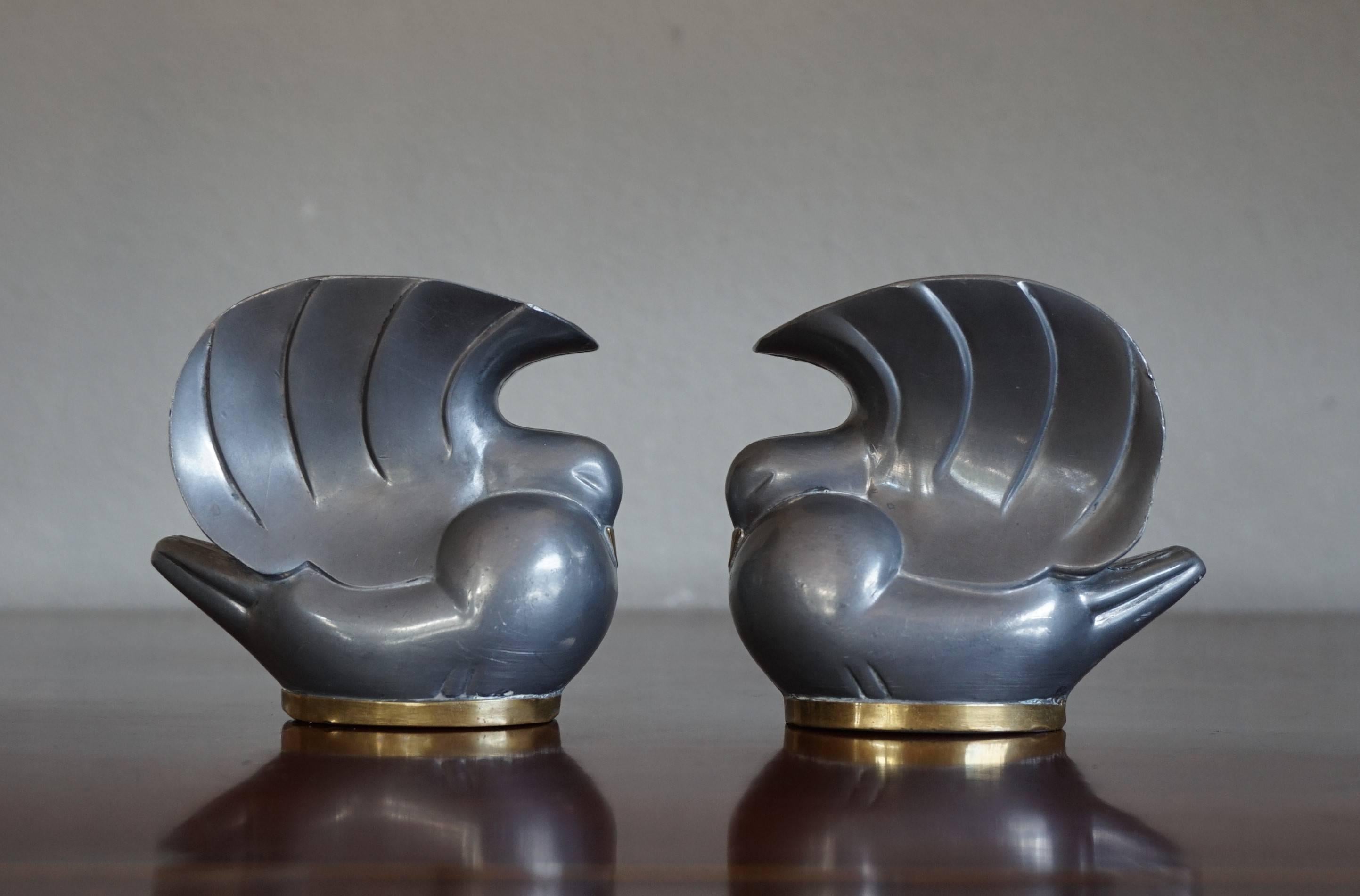 Pair of Stylized 1920s Art Deco Pigeon / Doves Candleholders of Pewter and Brass 7