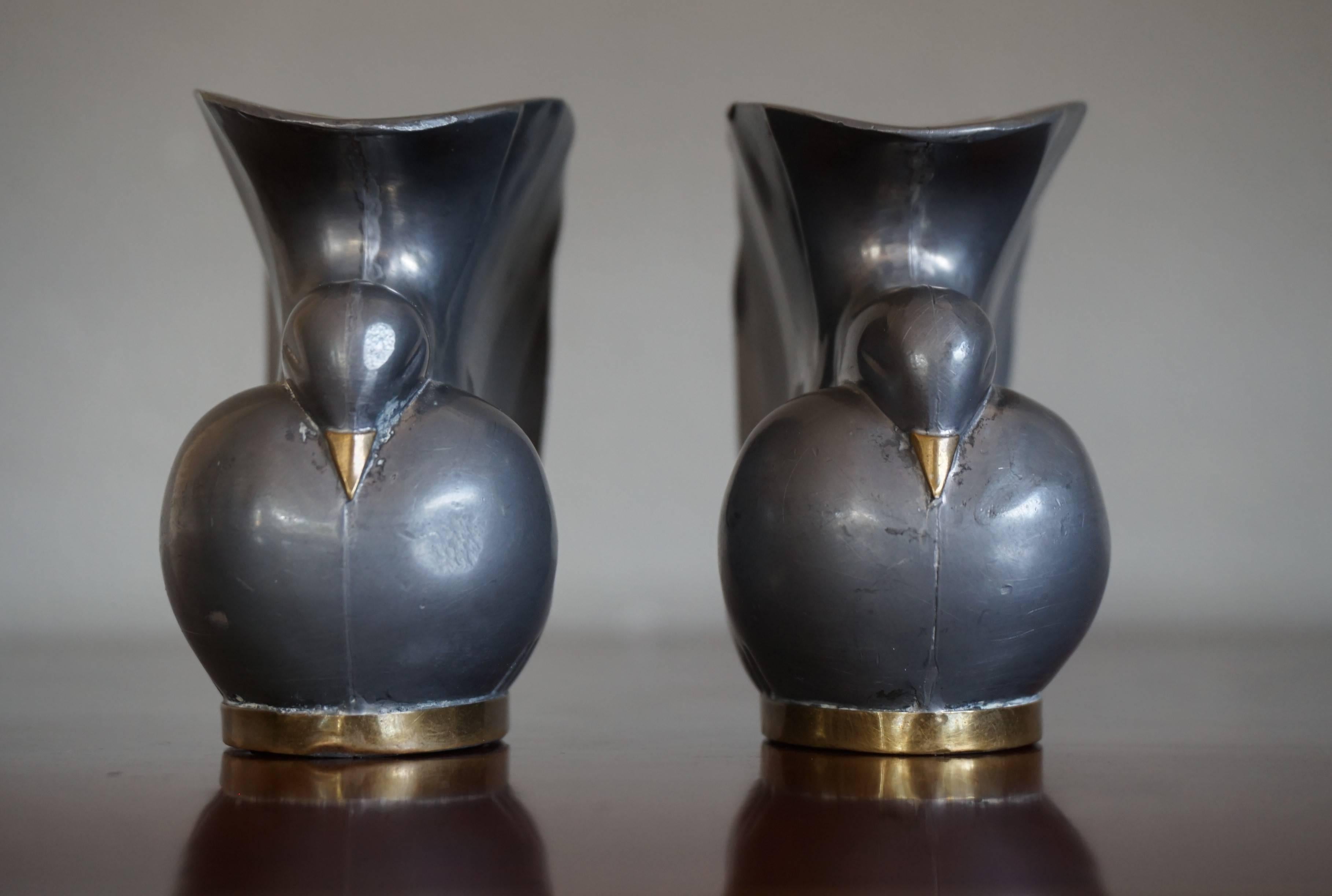 Hand-Crafted Pair of Stylized 1920s Art Deco Pigeon / Doves Candleholders of Pewter and Brass