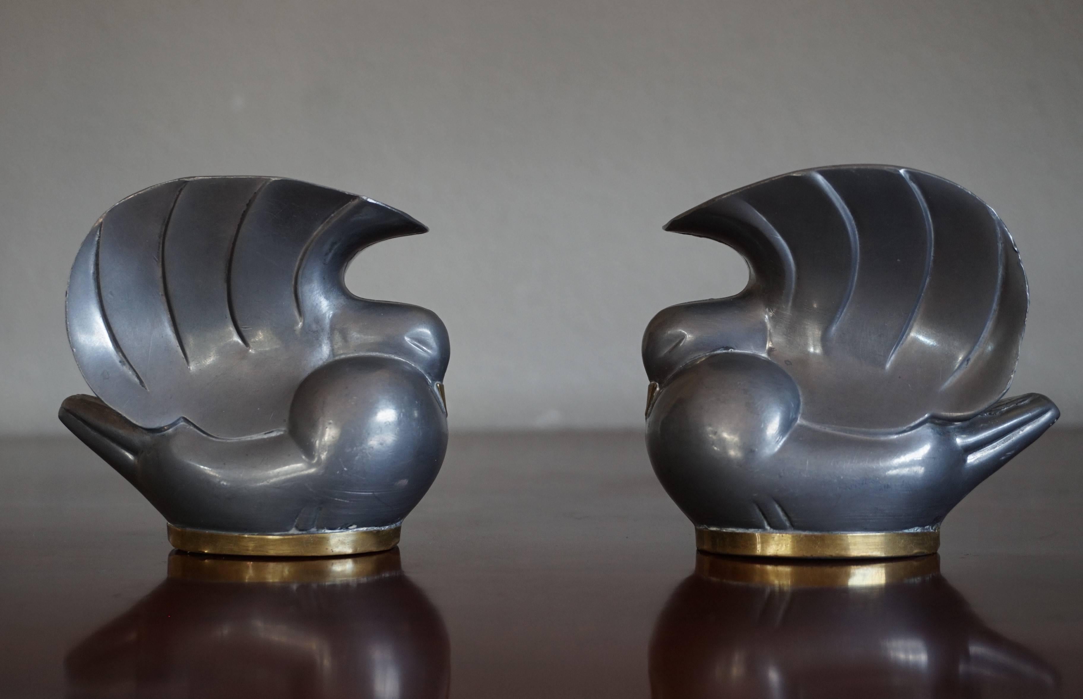 Pair of Stylized 1920s Art Deco Pigeon / Doves Candleholders of Pewter and Brass 1