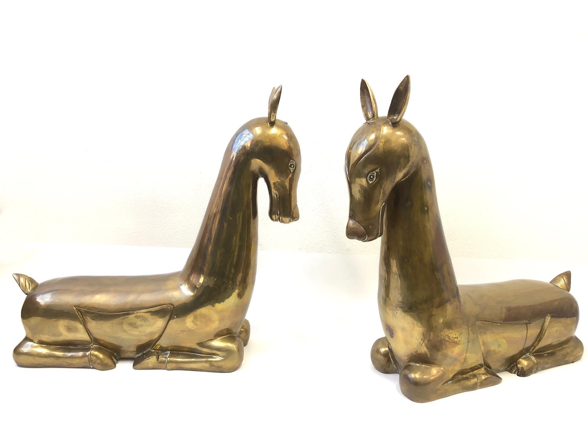 Pair of Stylized Brass Deer from the 1970s 4