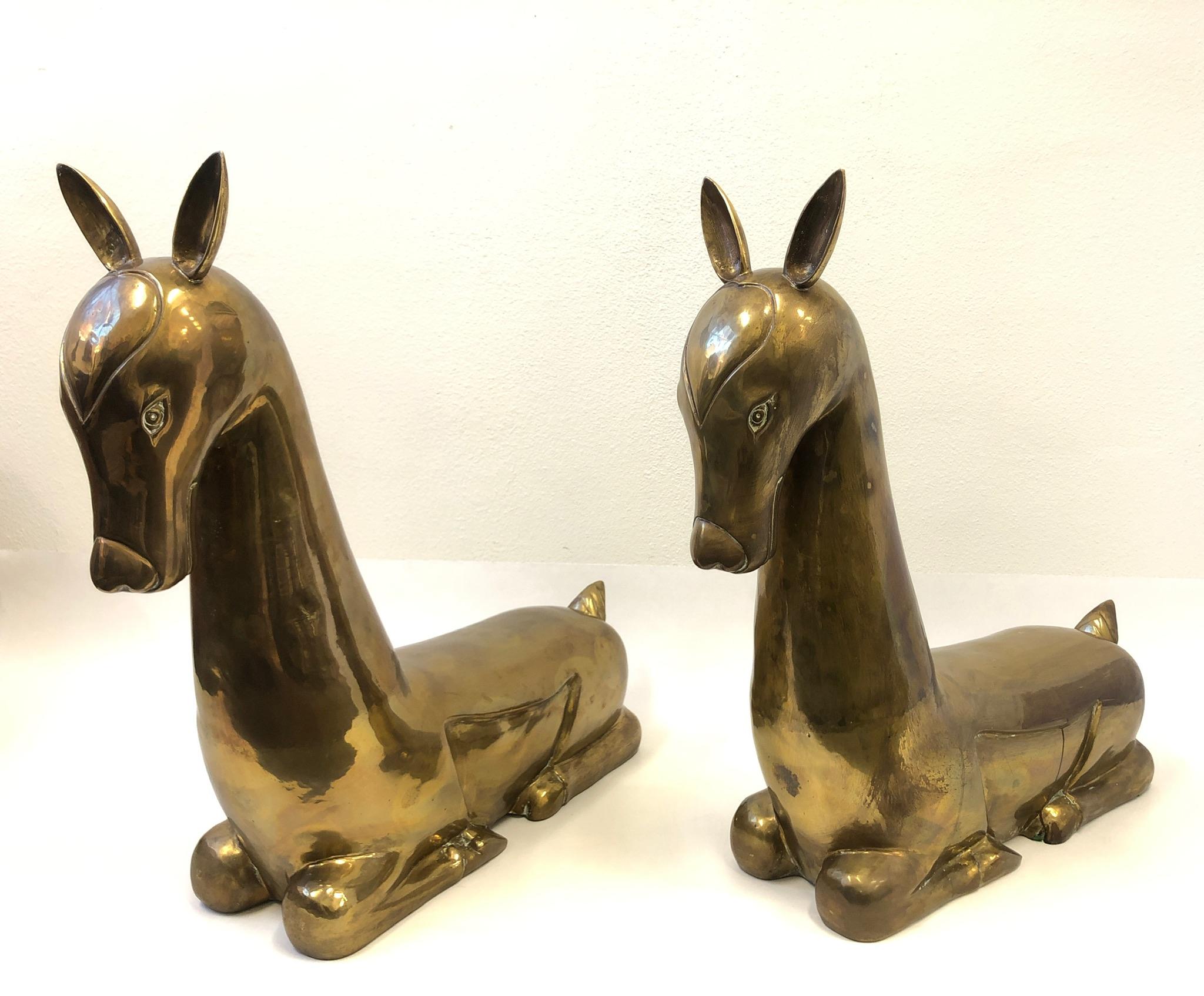 Modern Pair of Stylized Brass Deer from the 1970s