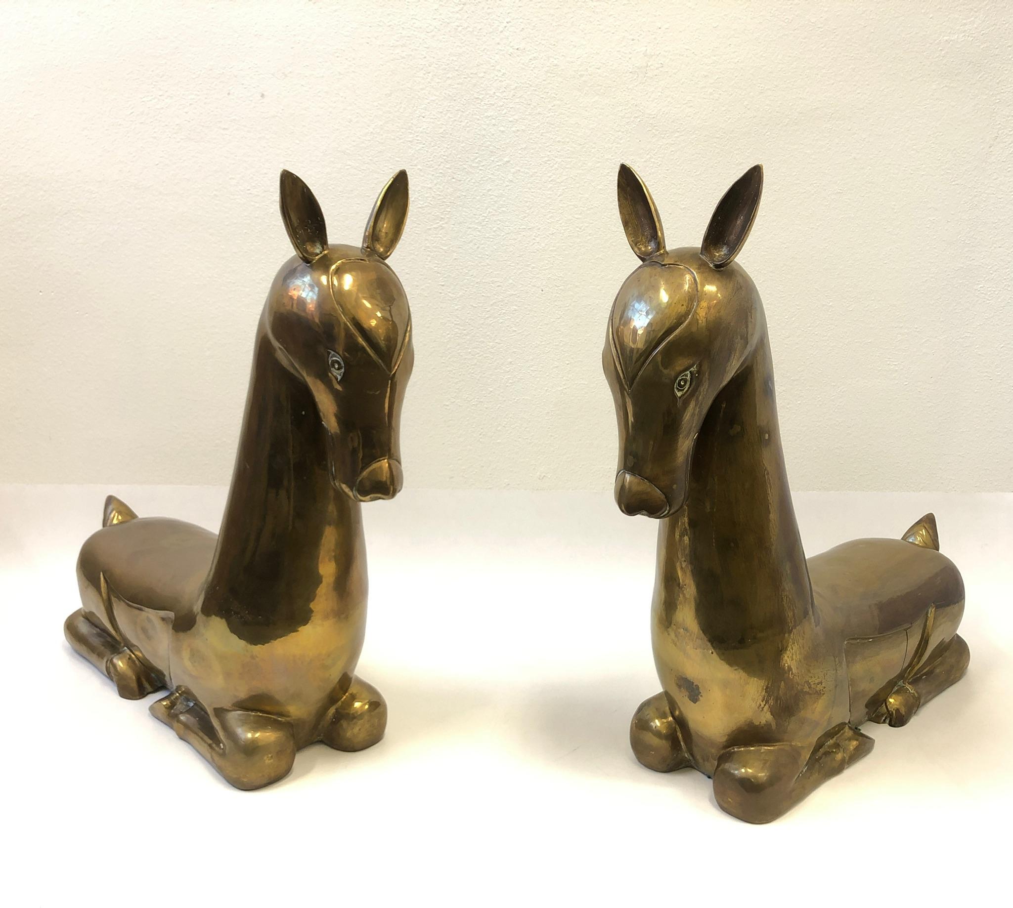 Pair of Stylized Brass Deer from the 1970s In Excellent Condition In Palm Springs, CA