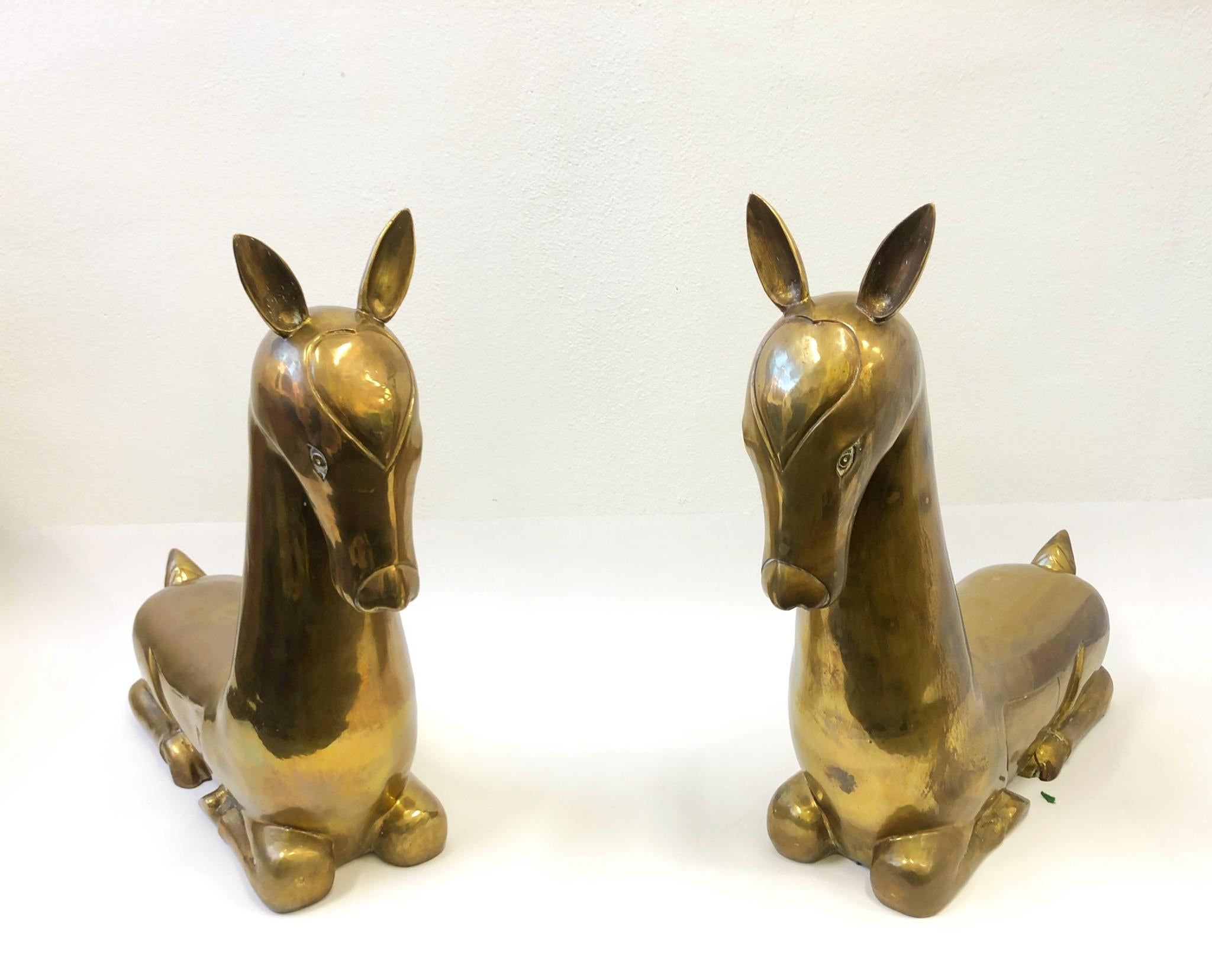 Late 20th Century Pair of Stylized Brass Deer from the 1970s