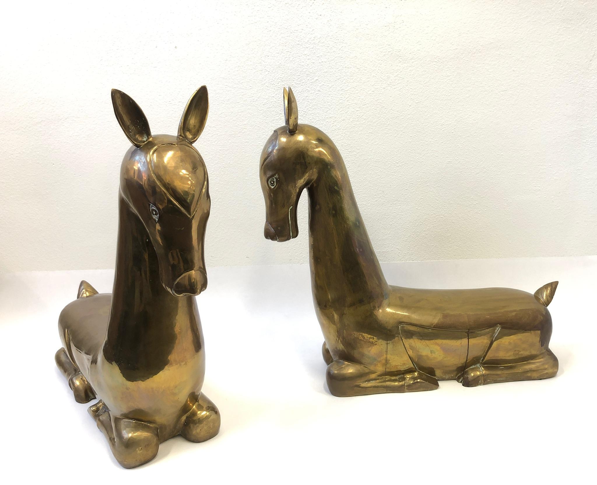 Pair of Stylized Brass Deer from the 1970s 1