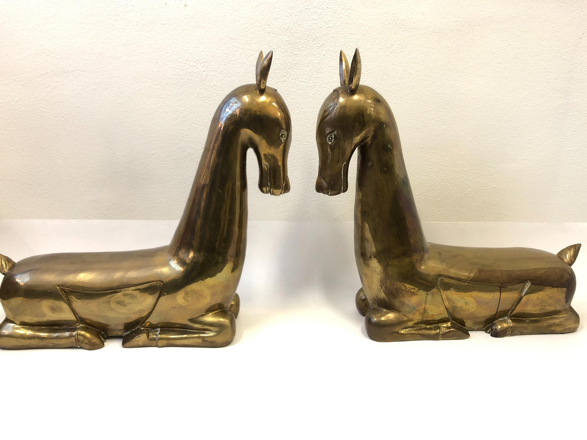 Pair of Stylized Brass Deer from the 1970s 2