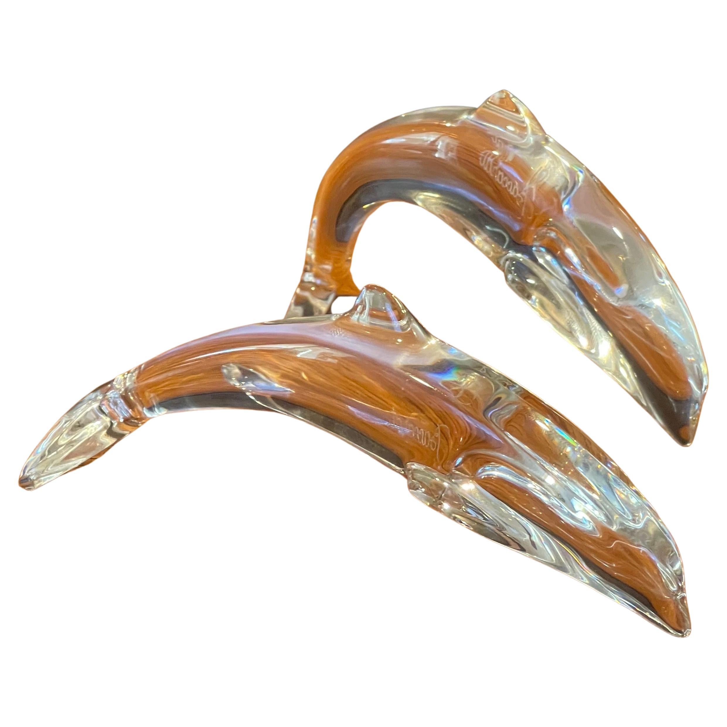 Pair of Stylized Crystal Dolphin Sculptures / Paperweights by Baccarat For Sale 9