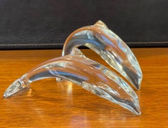 Pair of Stylized Crystal Dolphin Sculptures / Paperweights by Baccarat