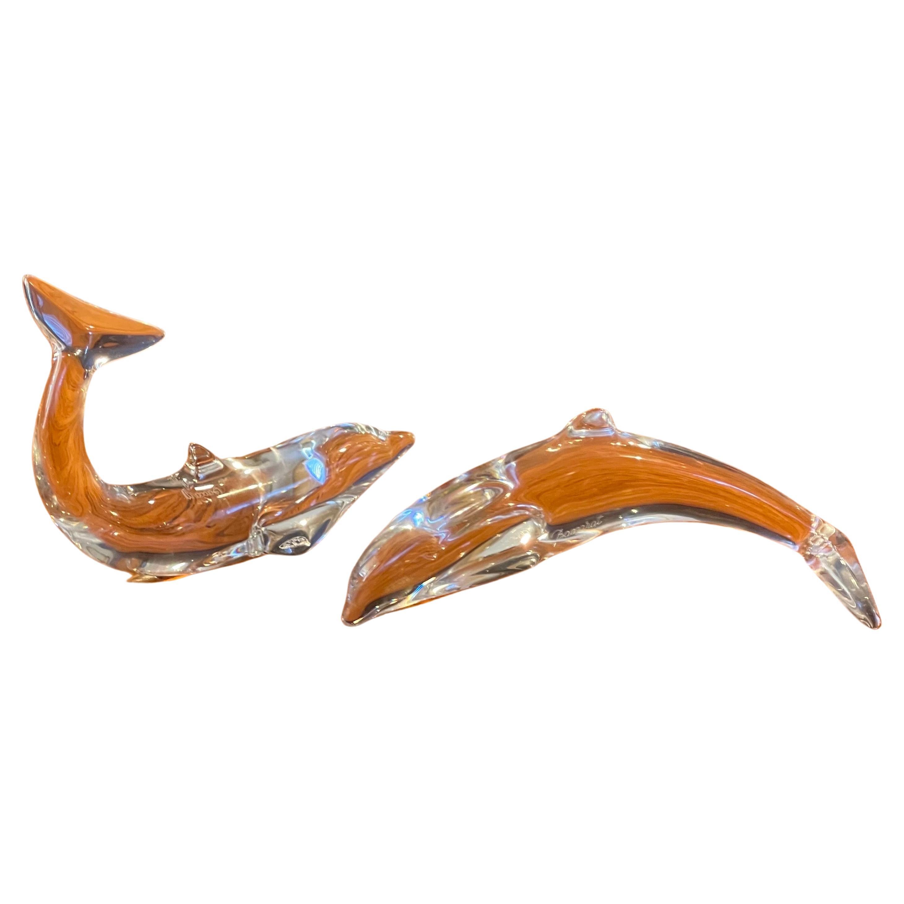 Pair of Stylized Crystal Dolphin Sculptures / Paperweights by Baccarat For Sale