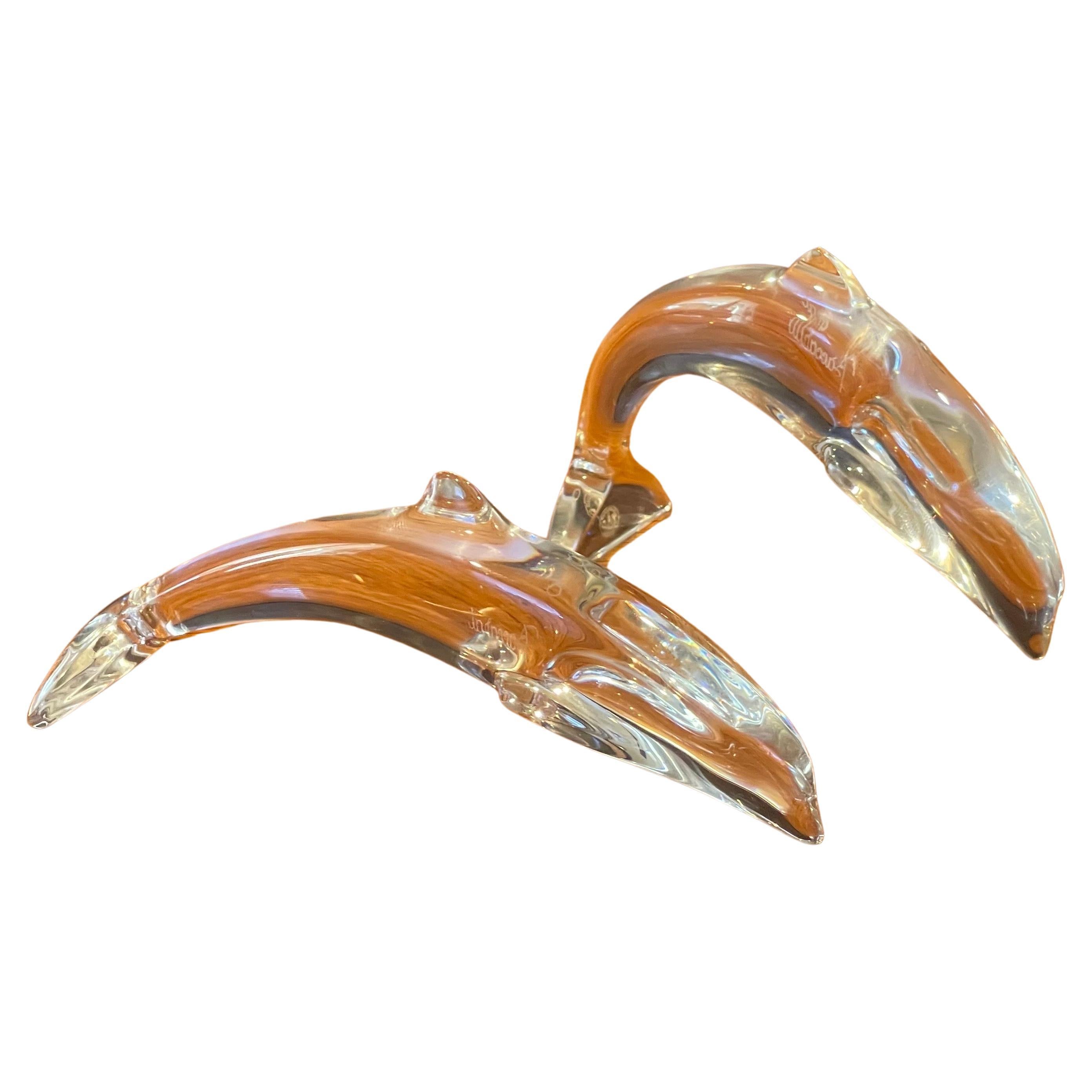 Pair of Stylized Crystal Dolphin Sculptures / Paperweights by Baccarat