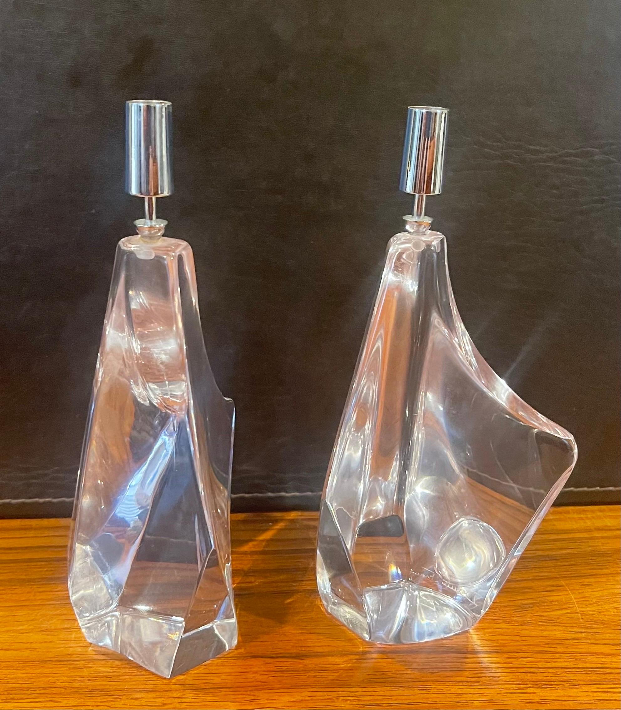 Hollywood Regency Pair of Stylized Crystal Iceberg Candlesticks by Daum of France For Sale