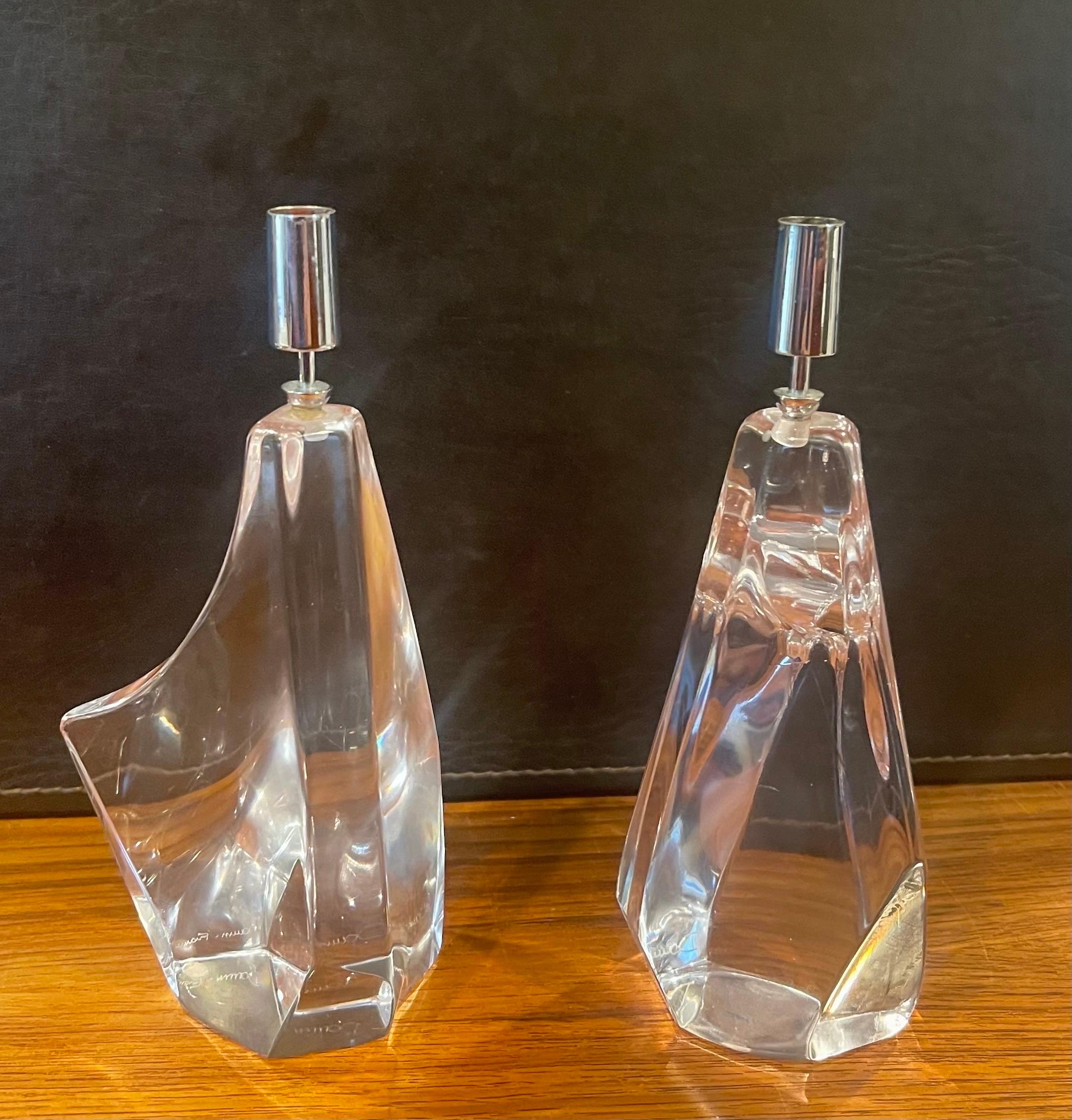 French Pair of Stylized Crystal Iceberg Candlesticks by Daum of France For Sale