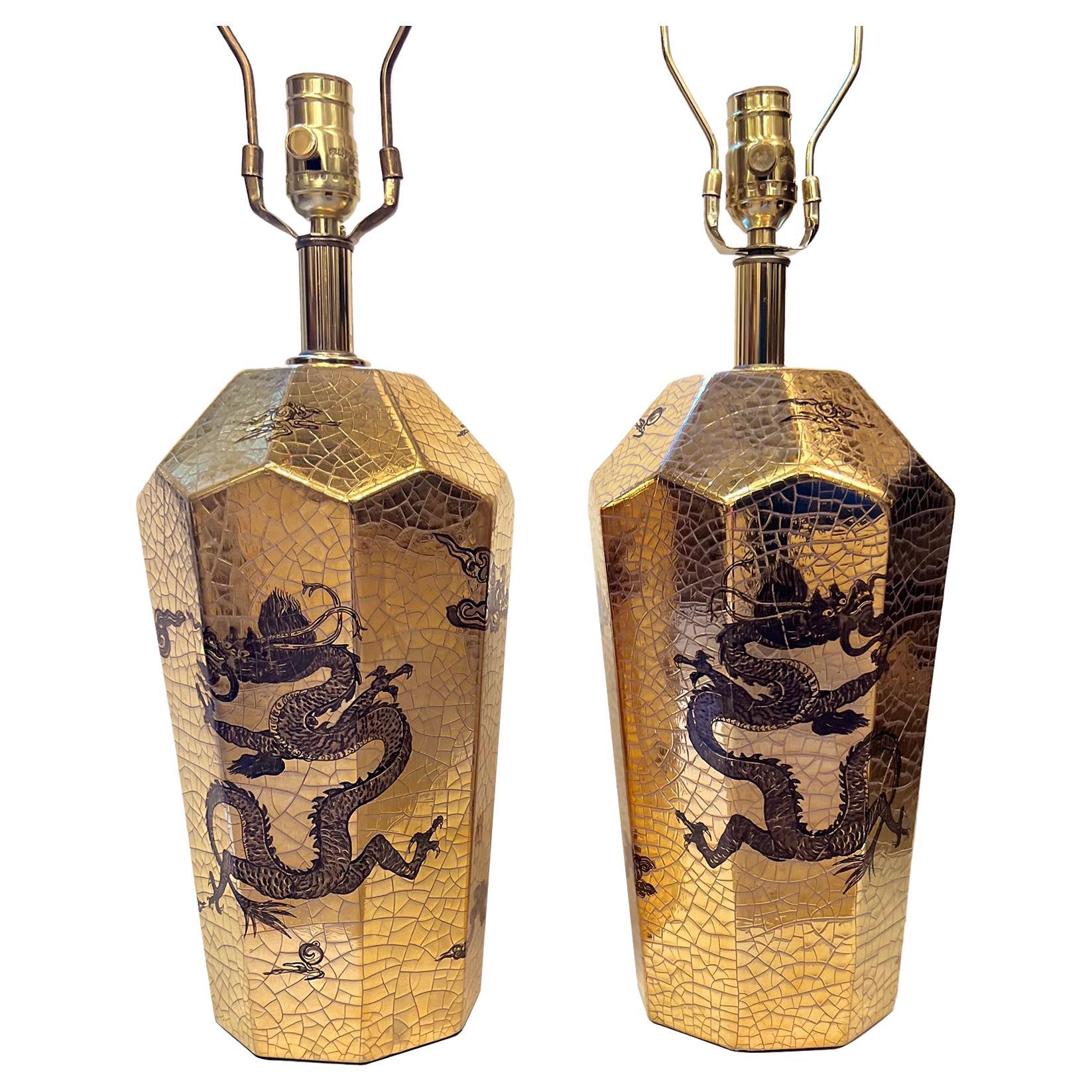 Pair of Stylized Dragon Lamps