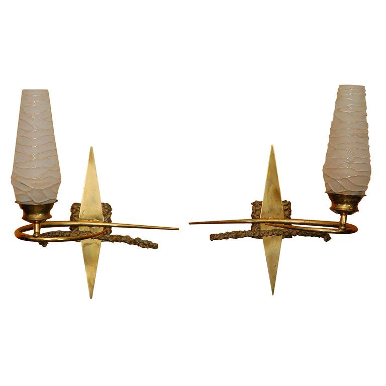 Pair of Stylized Mid-Century Sconces For Sale