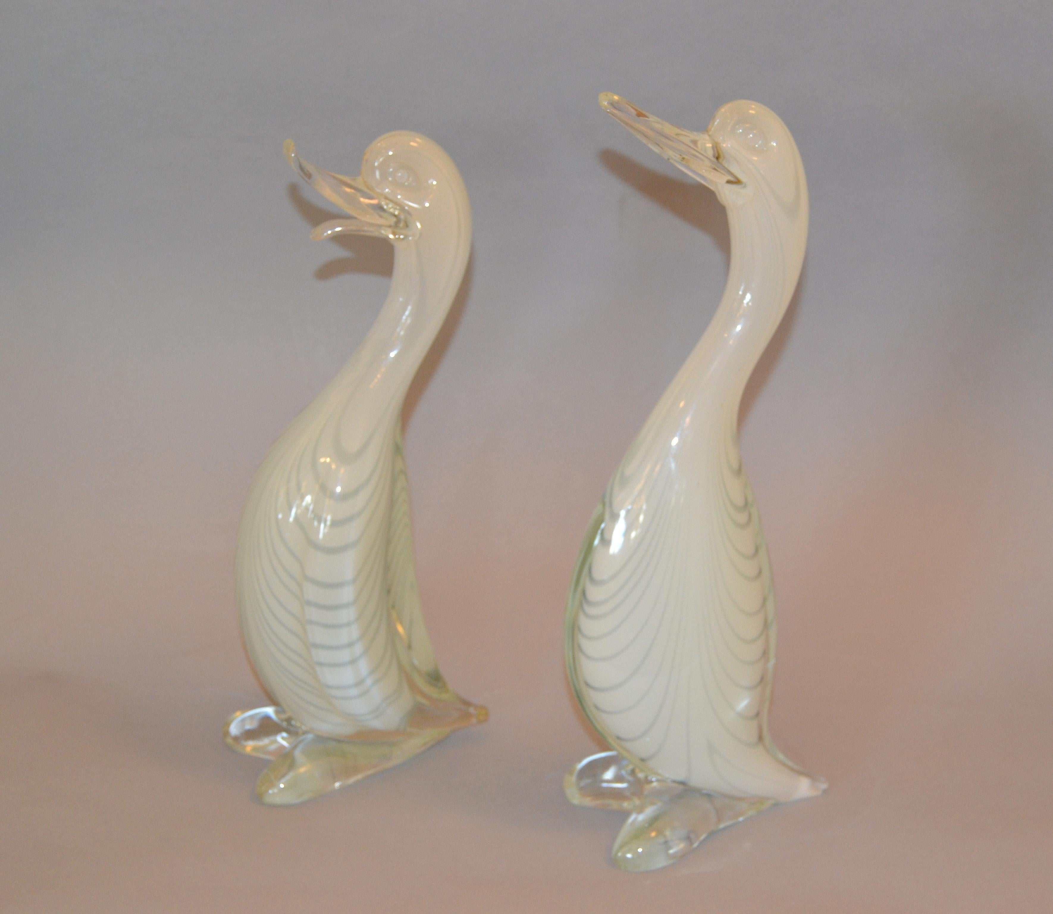 Mid-Century Modern Pair of Stylized Murano Art Glass Ducks Attributed to Archimede Seguso Italy
