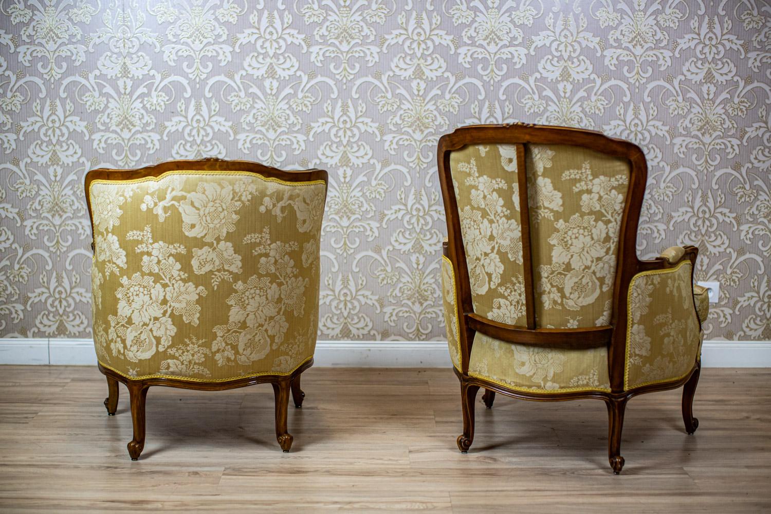 European Pair of Stylized Walnut Armchairs From the 1930s in Floral Upholstery