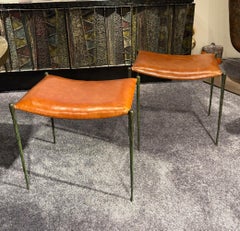 Pair of "Suave" Benches in Leather and Hammered Patinated Bronze