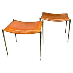 Pair of "Suave" Benches in Leather and Hammered Patinated Bronze