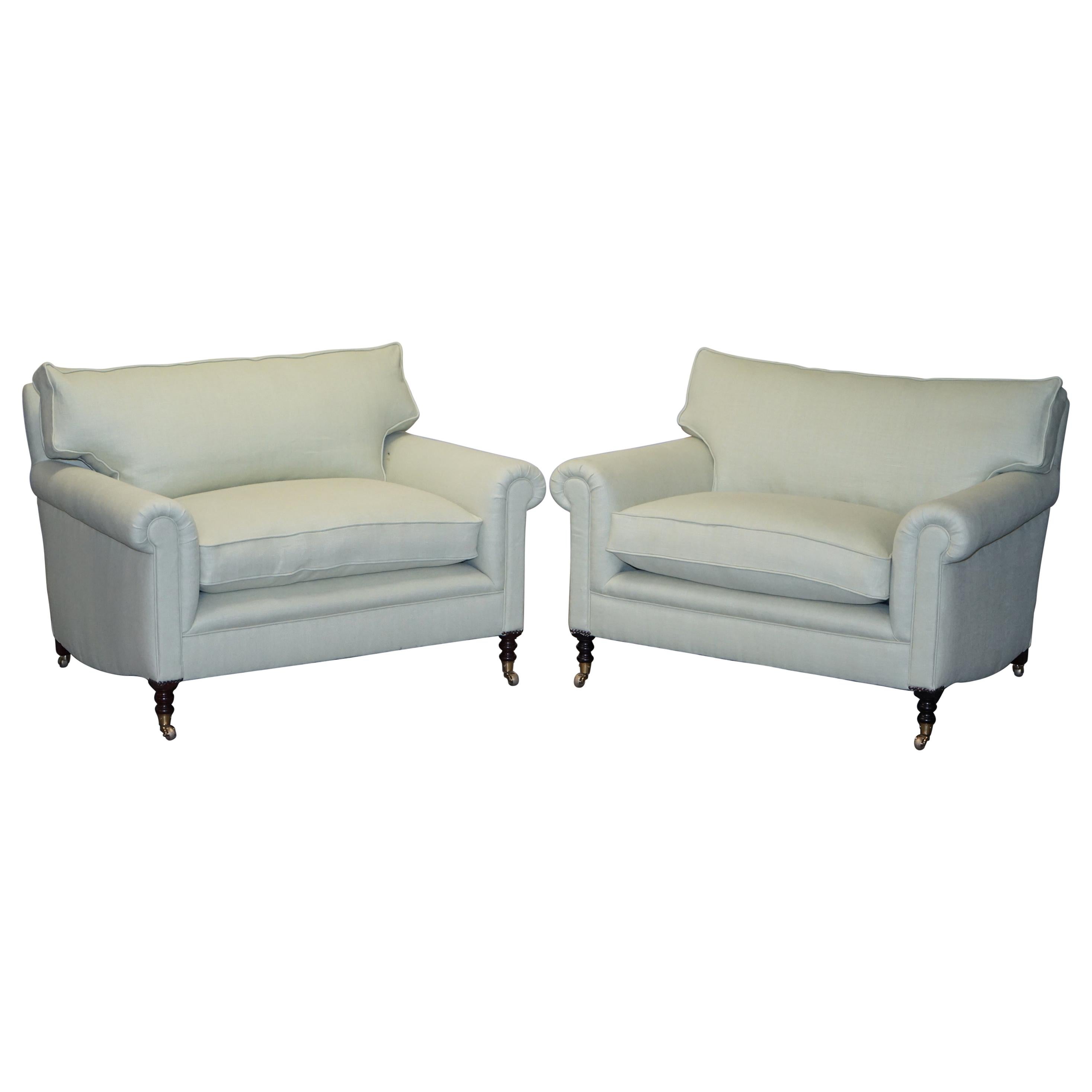 Pair of Sublime George Smith Signature Scroll Arm Love Seat Armchairs Linen