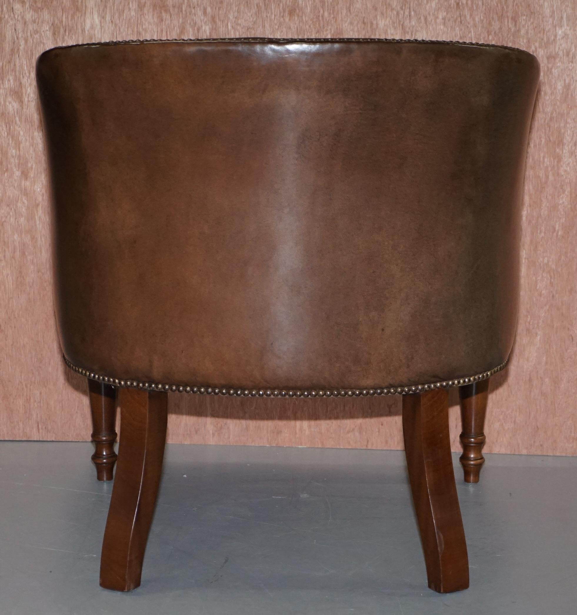 Pair of Sublime Hand Dyed Barrel Back Tub Armchairs in Brown Leather Comfortable 7