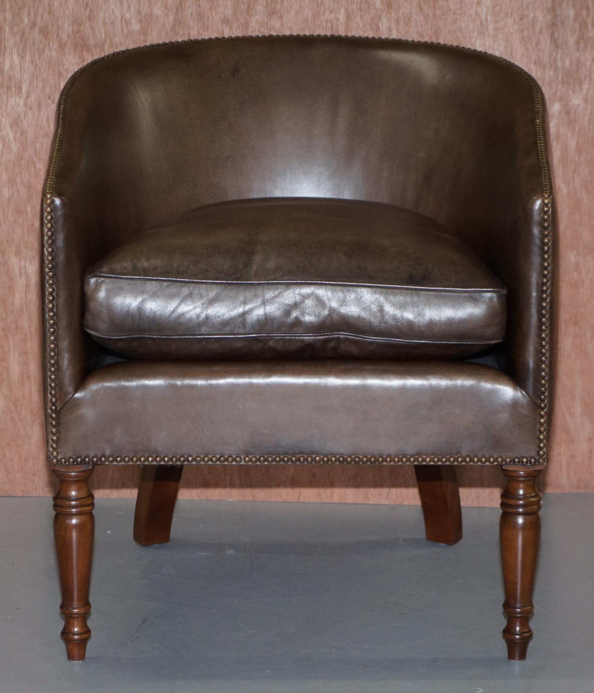 Pair of Sublime Hand Dyed Barrel Back Tub Armchairs in Brown Leather Comfortable 9