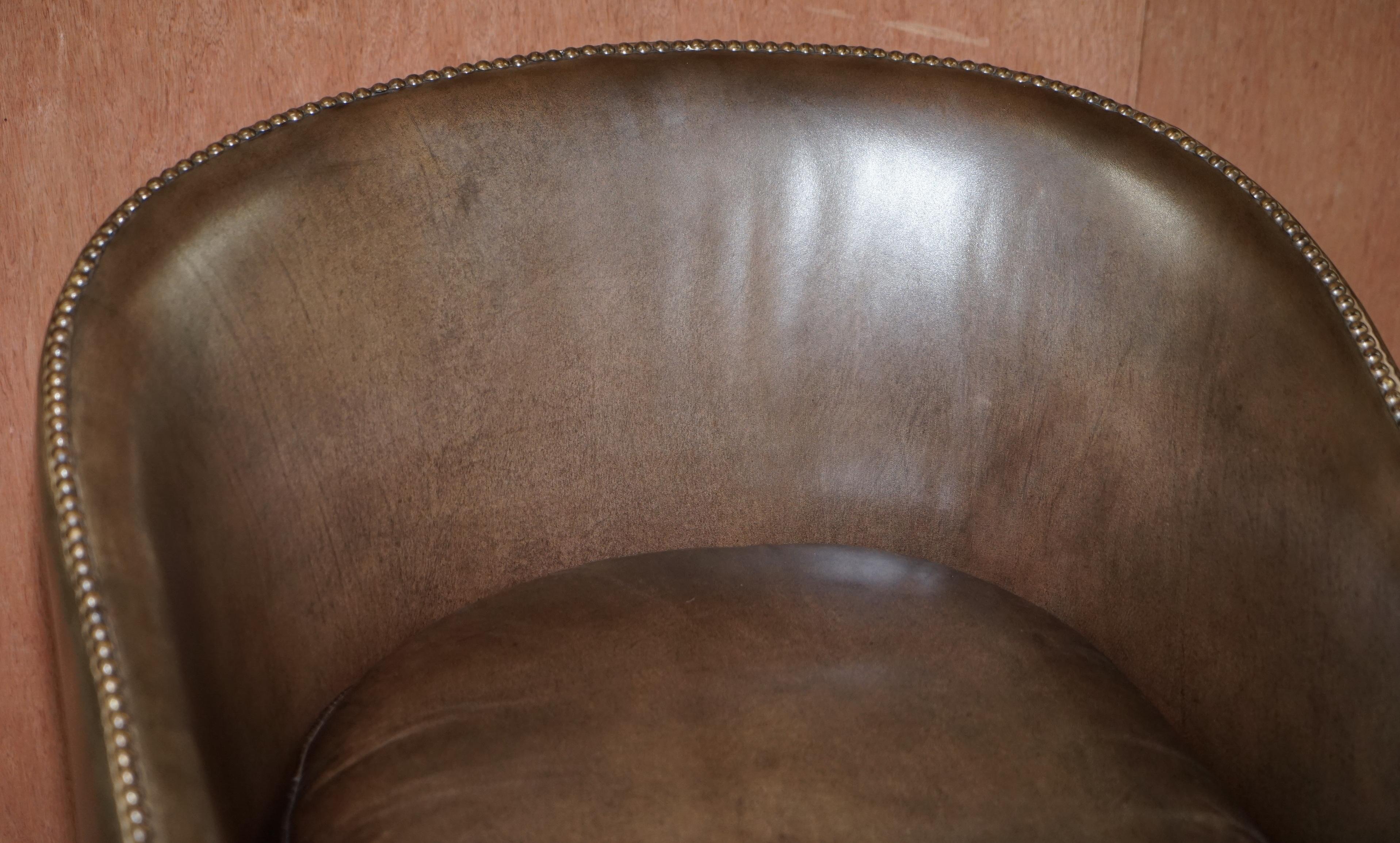 Pair of Sublime Hand Dyed Barrel Back Tub Armchairs in Brown Leather Comfortable 12