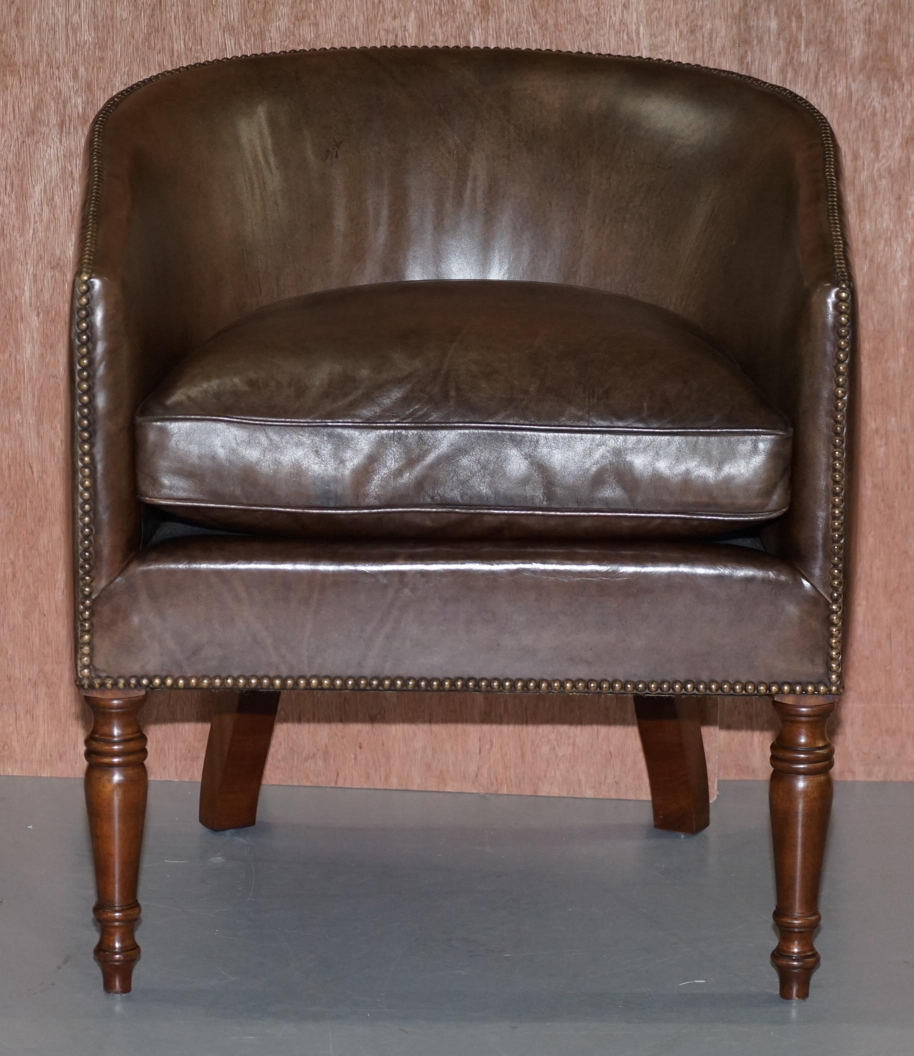 Art Deco Pair of Sublime Hand Dyed Barrel Back Tub Armchairs in Brown Leather Comfortable