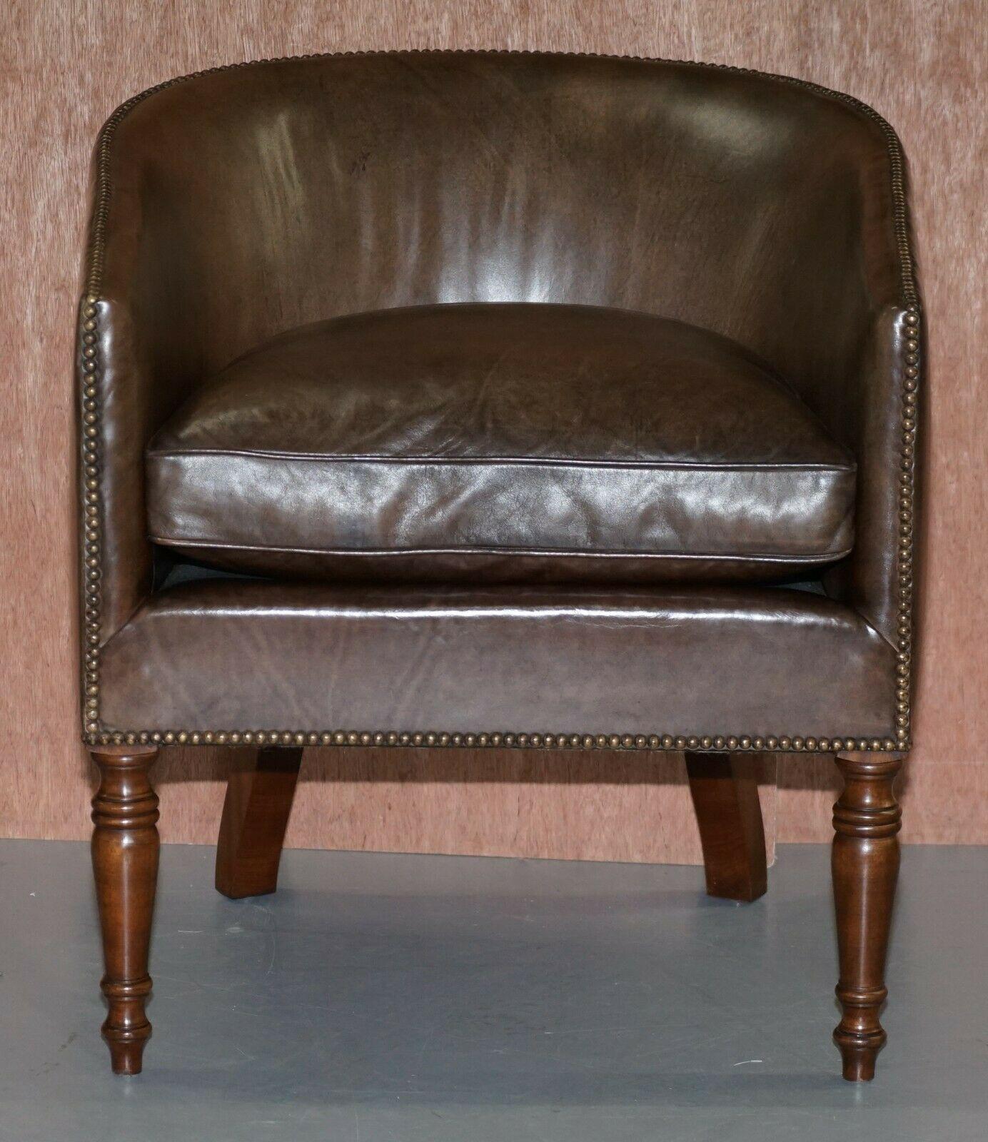 Art Deco Pair of Sublime Hand Dyed Barrel Back Tub Armchairs in Brown Leather Comfortable For Sale