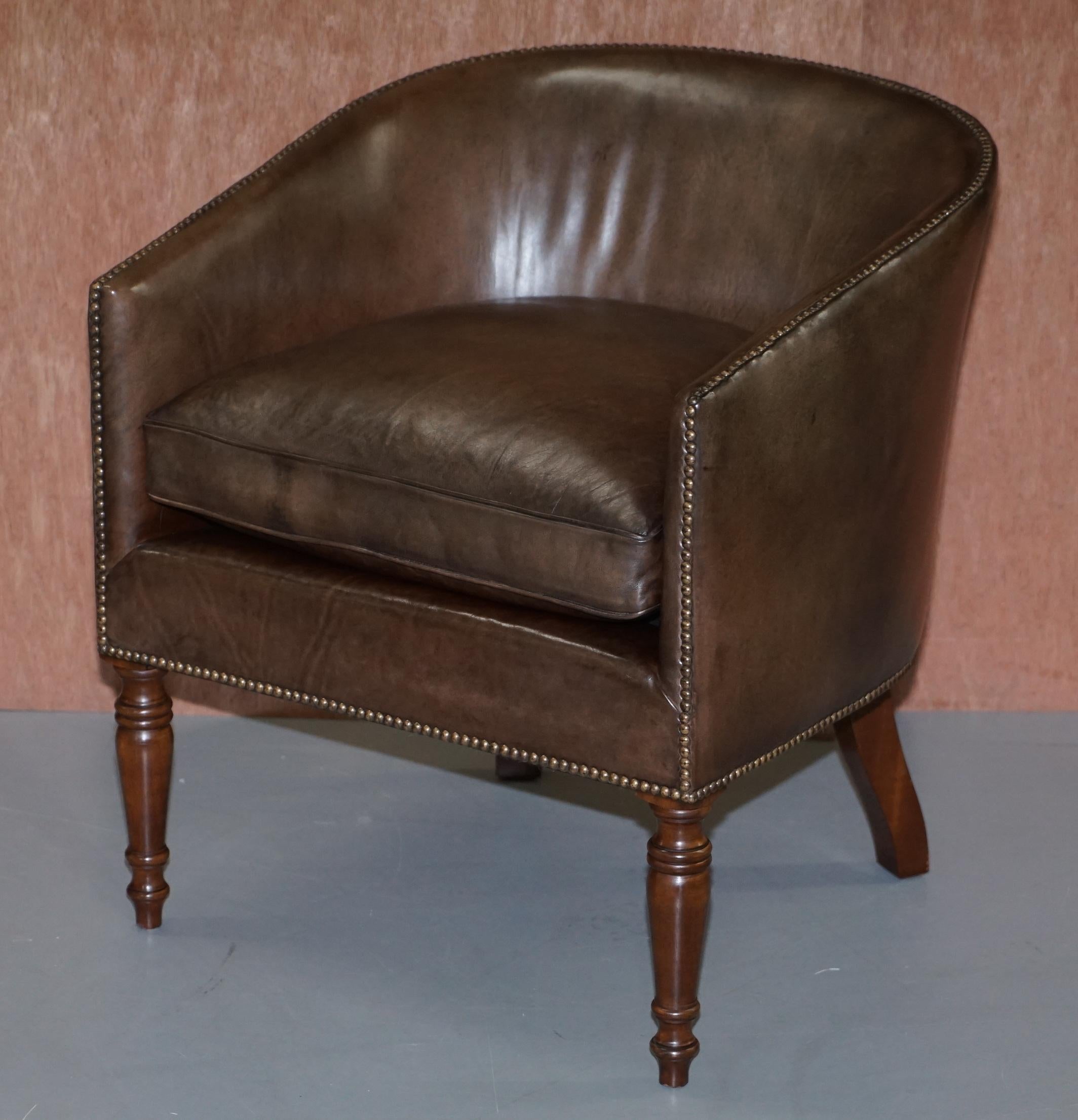 English Pair of Sublime Hand Dyed Barrel Back Tub Armchairs in Brown Leather Comfortable