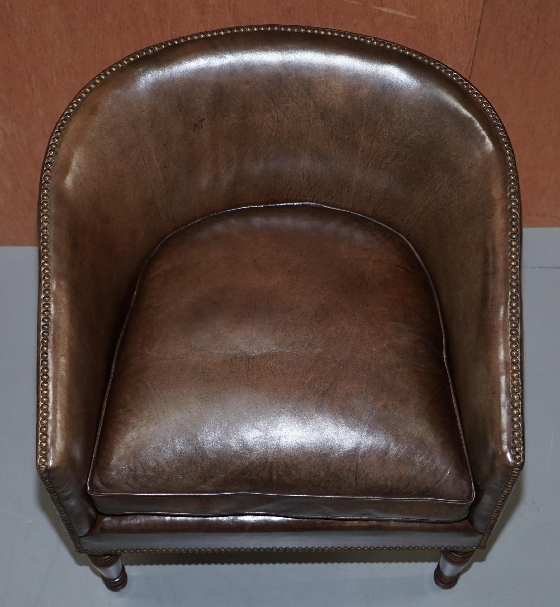 Hand-Crafted Pair of Sublime Hand Dyed Barrel Back Tub Armchairs in Brown Leather Comfortable