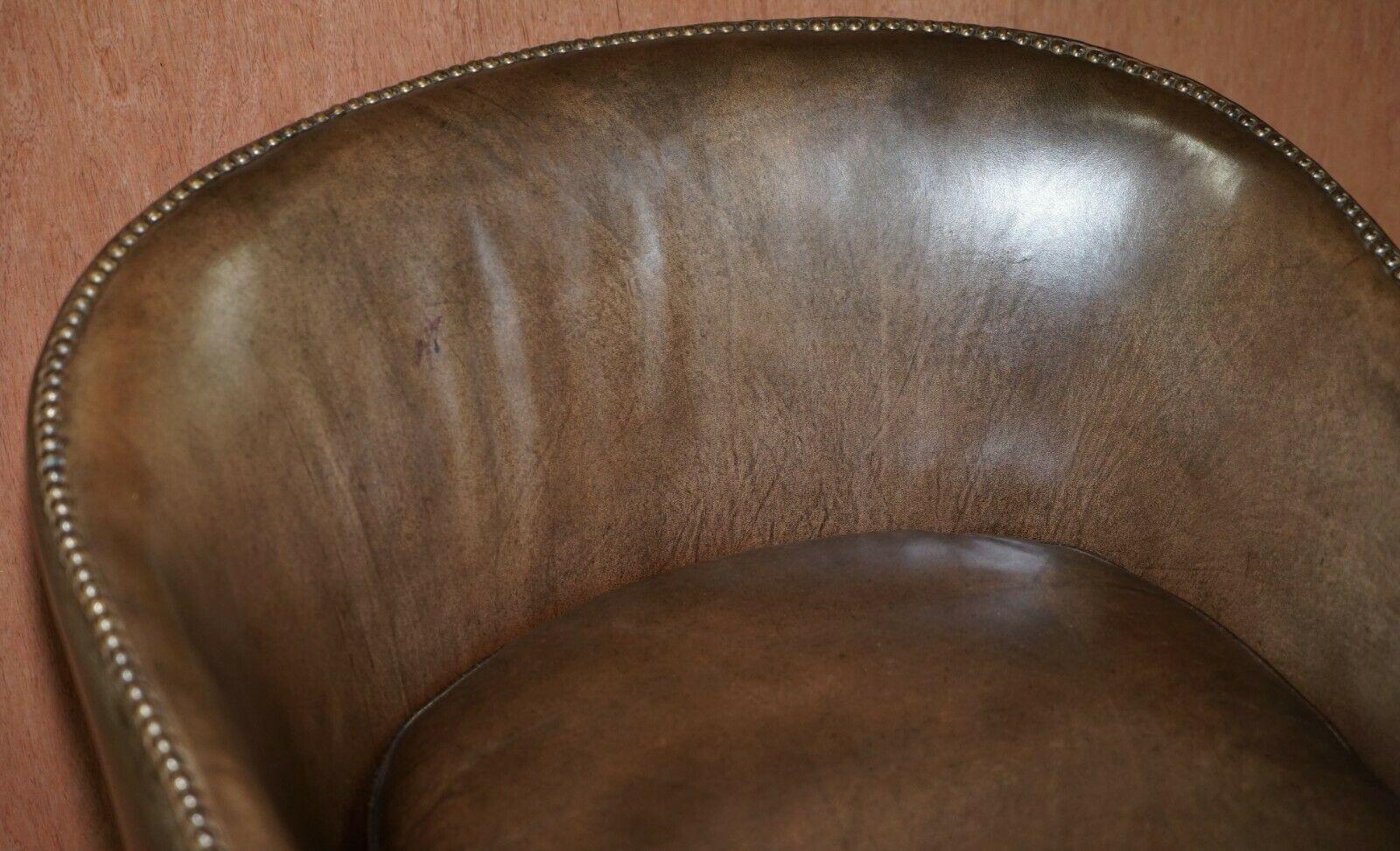 Hand-Crafted Pair of Sublime Hand Dyed Barrel Back Tub Armchairs in Brown Leather Comfortable For Sale