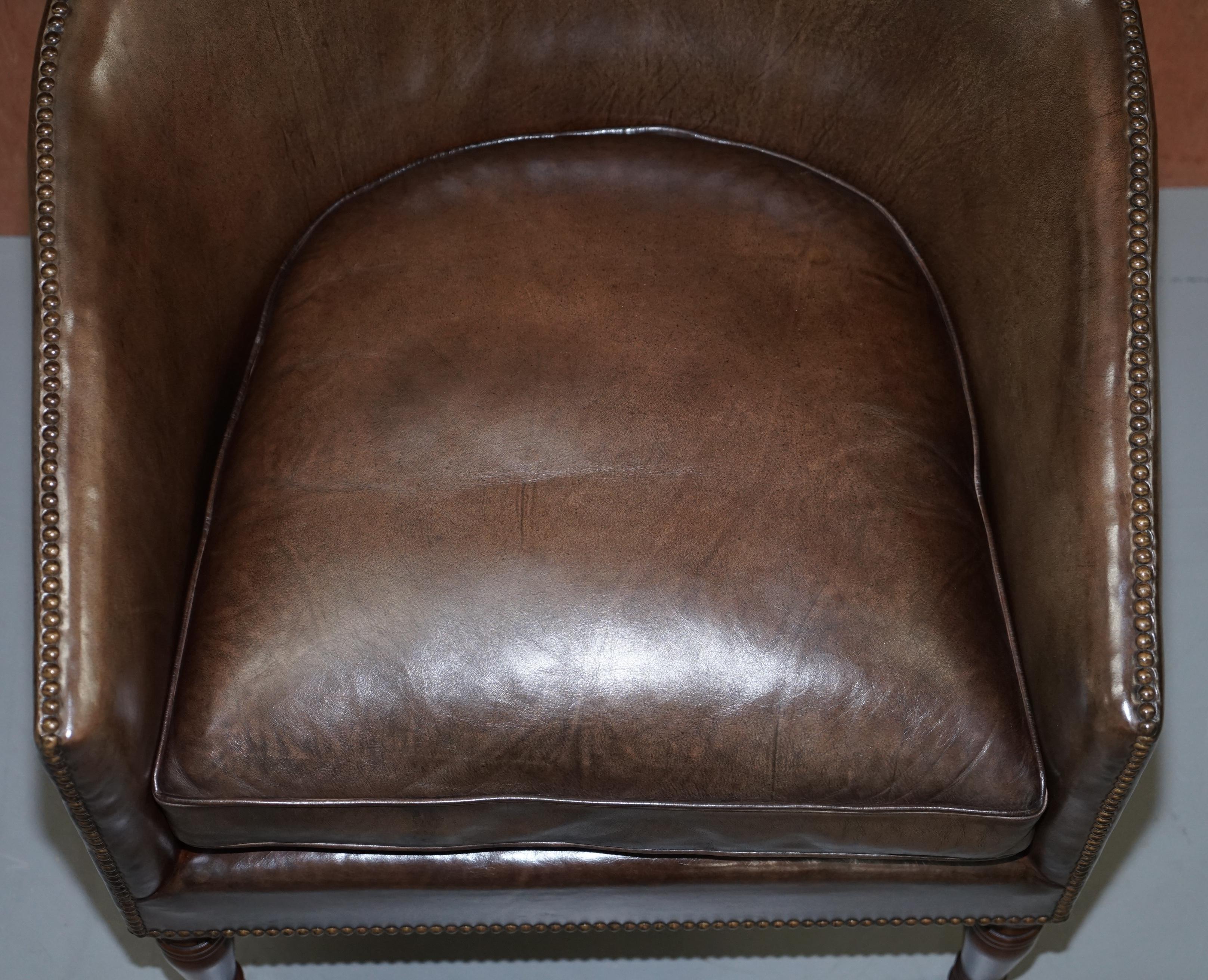 20th Century Pair of Sublime Hand Dyed Barrel Back Tub Armchairs in Brown Leather Comfortable