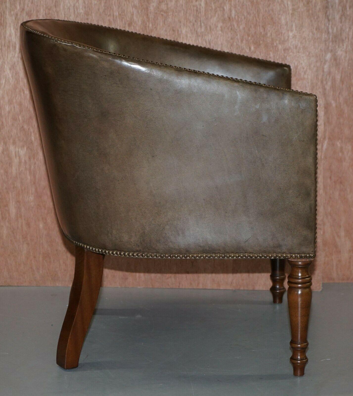 Pair of Sublime Hand Dyed Barrel Back Tub Armchairs in Brown Leather Comfortable For Sale 1